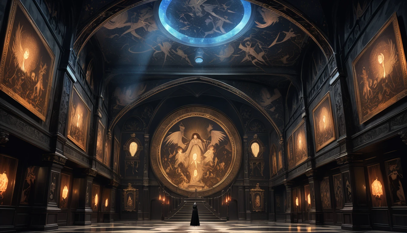 (spooky) photography of arcane magical (library), abandoned intricate detail, many levels, (spooky), dusty. ((((statue))) (female girl woman)), close up middle ages, medieval, (nude, wings), podium, jewelry, (realistic:1.3), masterpiece, high quality, realistic lighting, lamps, 8k, hdr, painted ceiling, (broken windows), ((ritual pentagram floor molten glowing altar)) circle, steampunk