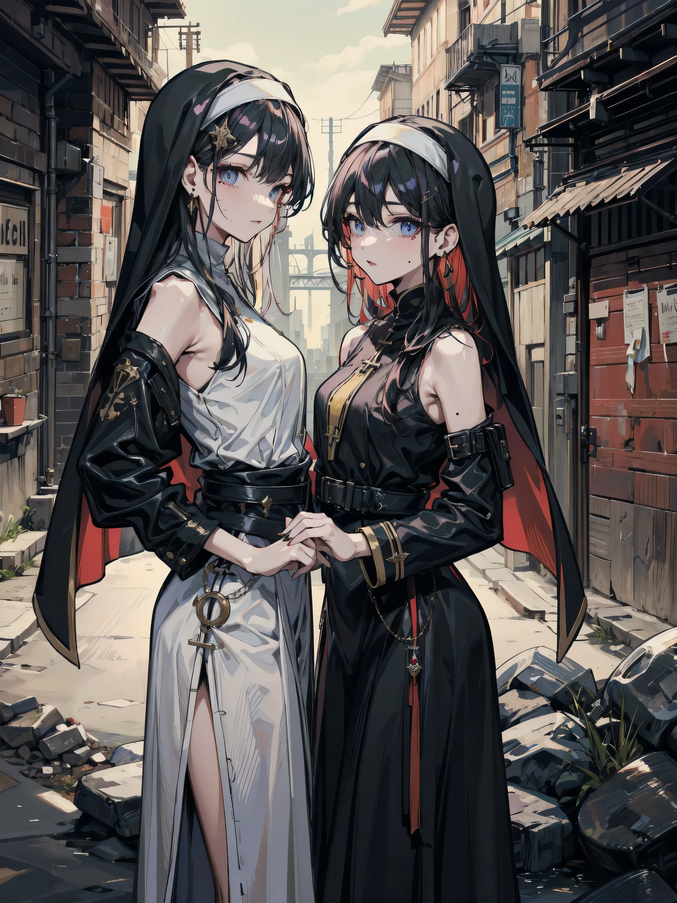 (((yuri))), (((2 girls))), ((tribal poncho)), absurdres, RAW photo, extremely delicate and beautiful, masterpiece, Best Quality, ultra high resolution, 32k, hyperrealistic, ultra-detailed, detailed description, perfect anatomy, pale skin, 20 years old, detailed beautiful face and eyes, tearful mole, earring, short medium hair, wavy hair, random colored hair, whole body shot, colossal tits, 