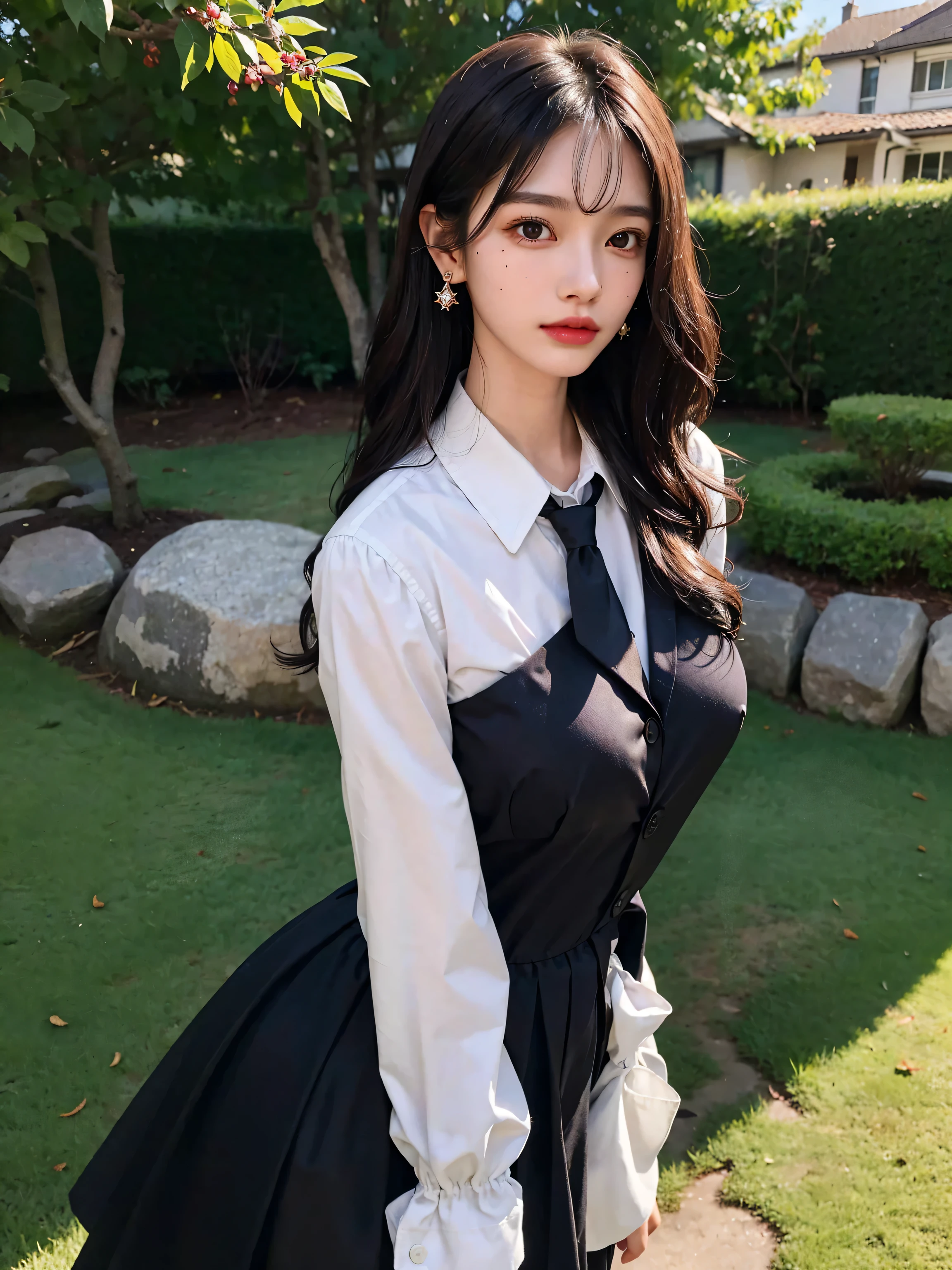 A perfect young female white-collar worker，Chinese big breasts，High picture quality，Works of masters，Black hair，Long hair shawl，Long hair flowing over the shoulders，Beach wave hairstyle，cropped shoulders，鎖骨，exquisite face，Hydrated red lips，flightattendantuniform，A-line skirt，Real Human，Hosiery（Bare thighs），CG rendering，16k，Stand up，Suzhou Garden，On the bridge，Do not show your hands，Close-up shot