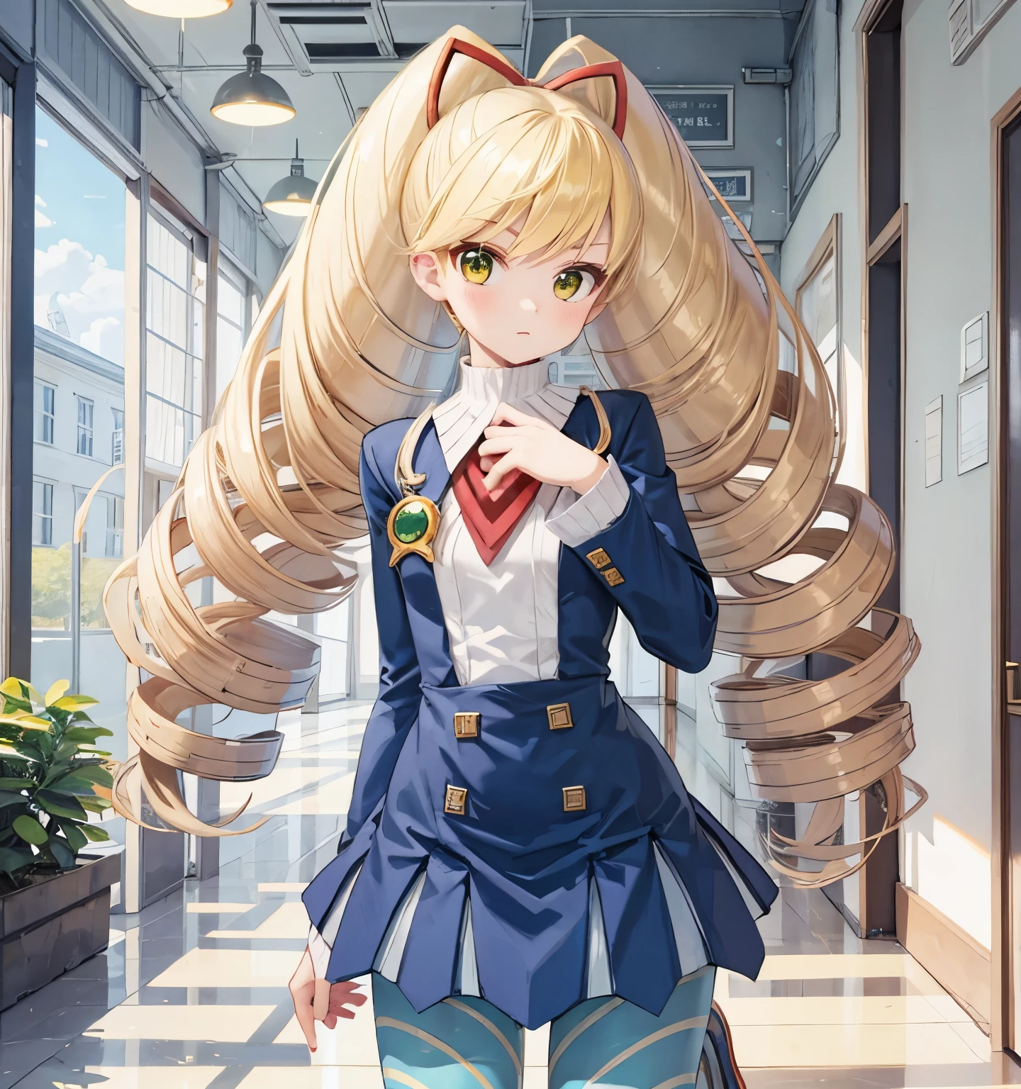 twintails,twin drills,dress,blue pantyhose,striped pantyhose,yellow hair