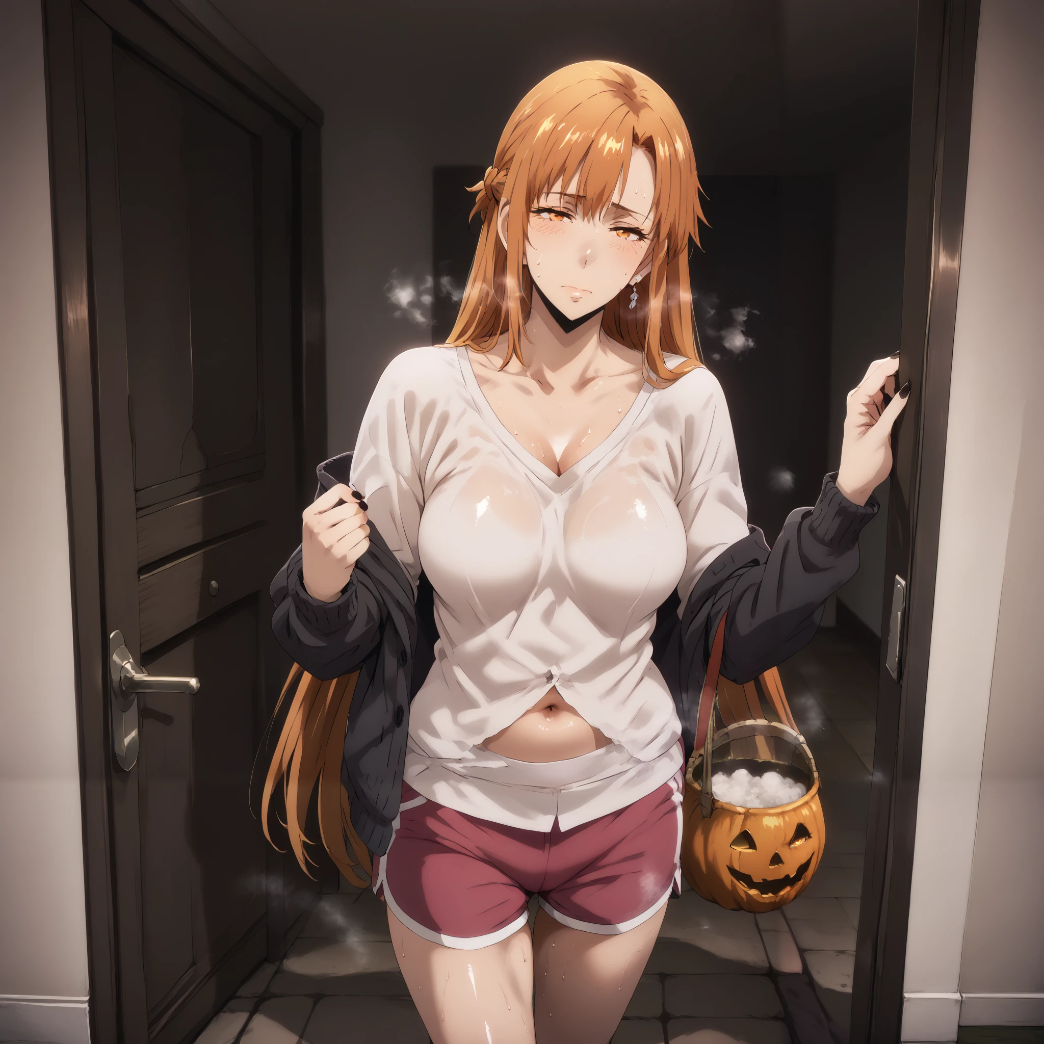 hero neisan style, score_9, score_8_up, score_7_up, score_6_up, uncensored, Yuuki Asuna \(sword art online\), absurdly long hair, orange eyes, orange hair, very long hair, anime coloring, anime screencap, shiny skin, (voluptuous:1.3), (thick:1.3), BREAK UHD, retina, masterpiece, accurate, anatomically correct, textured skin, super detail, high details, high quality, award winning, best quality, highres, 4K, black nails, makeup, eyelashes, excessive sweating, sweating, sweating drop, (gasping, heavy breathing:1.3), (skindentation:1.2), perfect eyes, beautiful eyes, eyelashes, makeup, detailed body, perfect body, BREAK, 1girl, solo, breasts, halloween, navel, sweatdrop, looking_at_viewer, jewelry, earrings, halloween_costume, large_breasts, closed_mouth, collarbone, bucket, doorway, standing, heavy breathing, gasping, sweating, excessive sweating, sweating drop, plump, seductive sweating, half-closed eyes, BREAK COSTUME, white shirt, long sleeves, black cardigan, dolphin shorts, short shorts, pink shorts, midriff peek, thigh belt, at bedroom, 