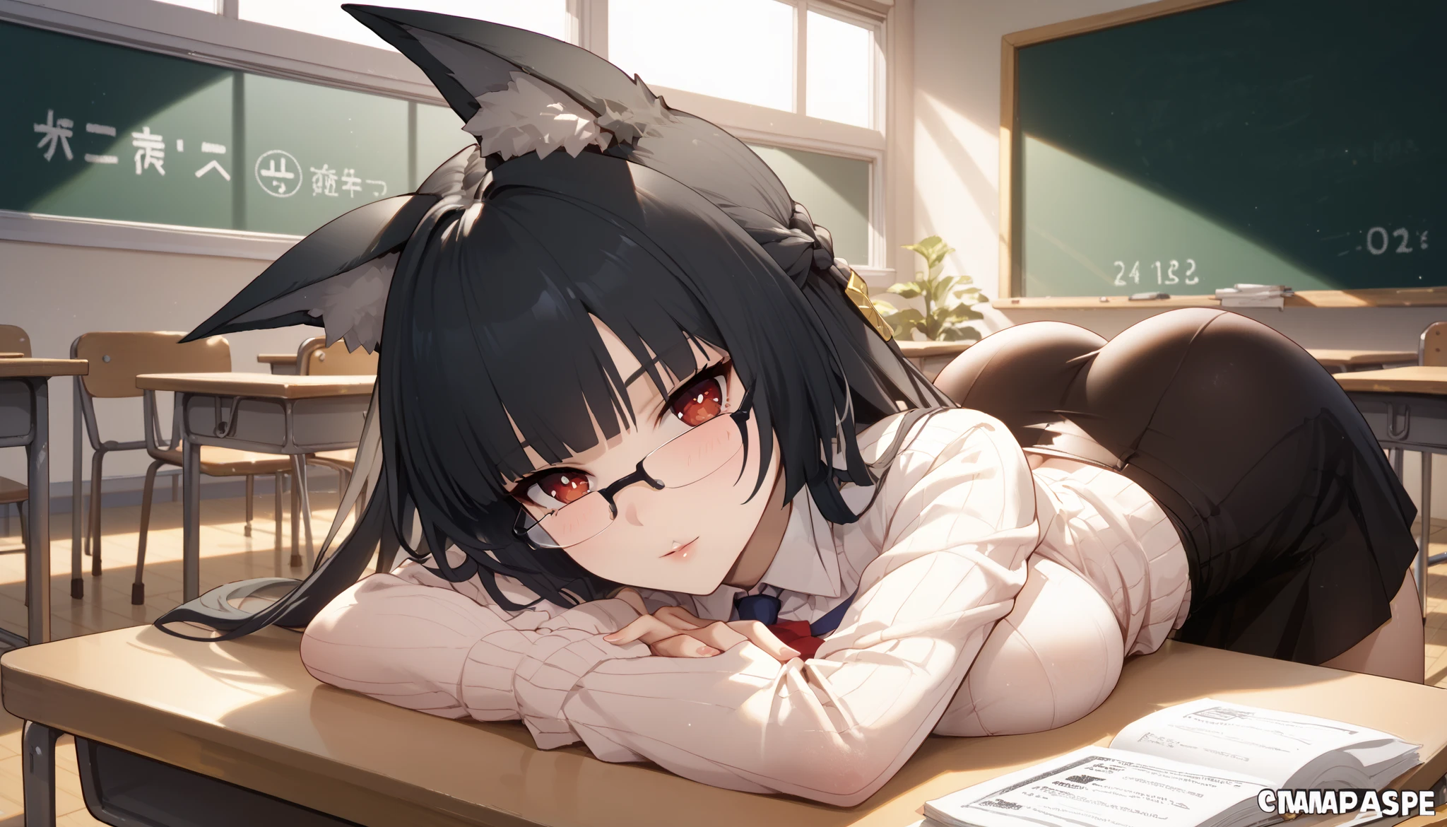 masterpiece, high resolution ,Anime Art,Anime Numbers, 4k anime wallpaper, radiant skin, unique , close-up shot ,一个动漫女孩 masterpiece,Sporadic elegance in the perfect zone, blush,Lying on the table, butt raised ,Frameless glasses, long black hair, red eyes, Wolf Ears ,thigh,Big breasts,night,classroom