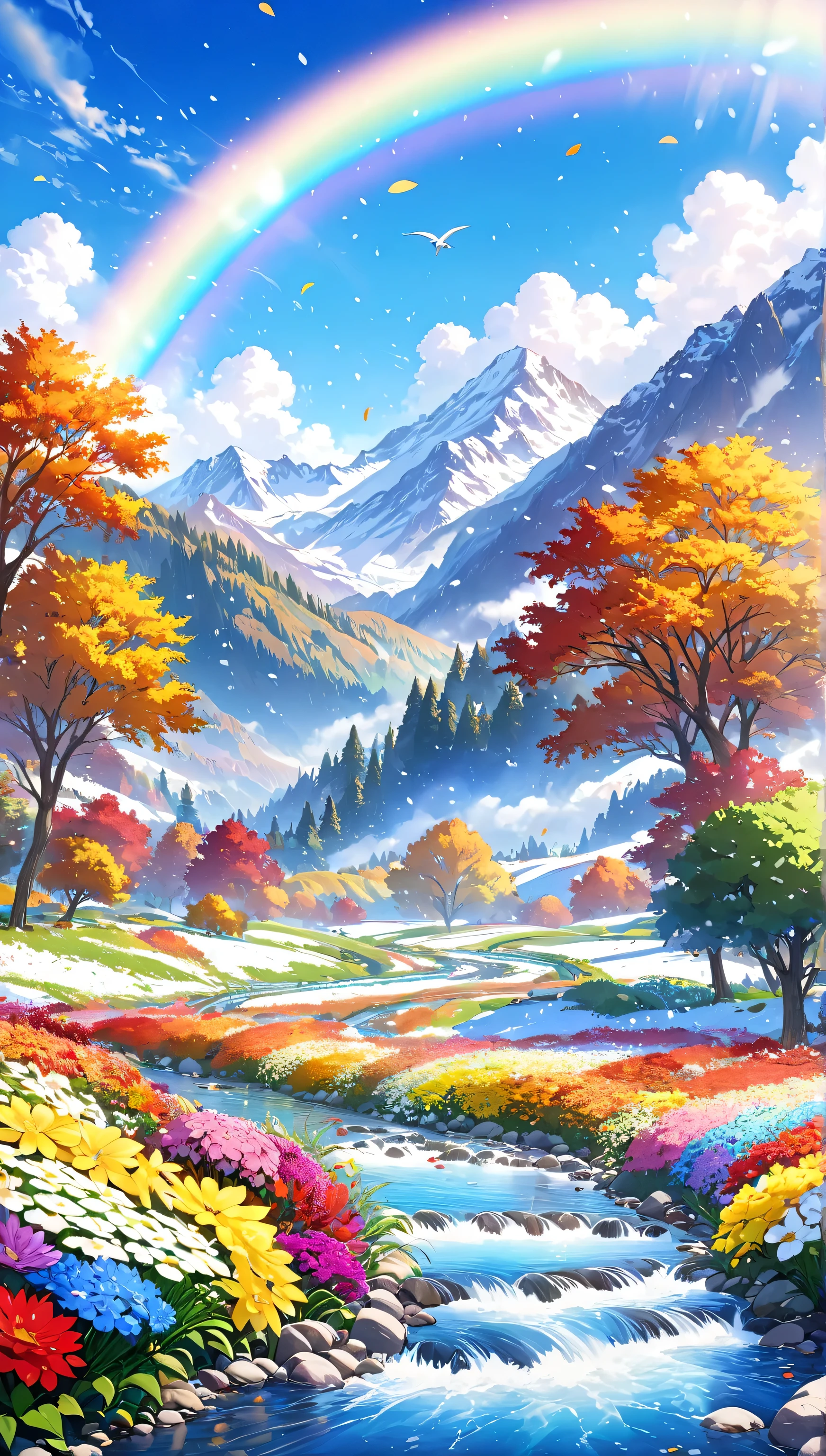 Score 9, score 8 up, score 7 up, (best quality), ((masterpiece)),Anime, Gardens, blue skies, majestic mountains, streams, autumn leaves, photorealism,I am in a flower field. In the background there is a blue sky with white clouds. Snow is falling in the sky, a rainbow-colored phoenix is ​​flying, and light particles are floating in the air