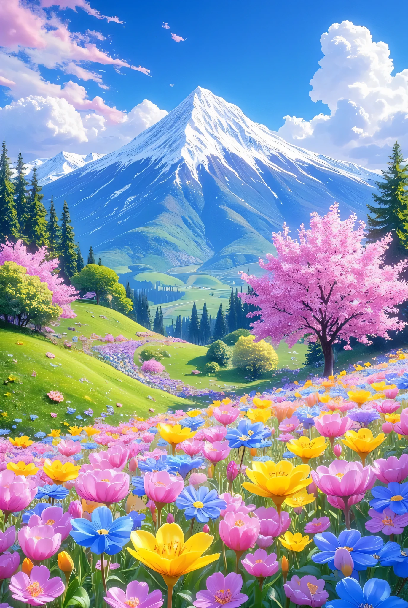 Spring Landscape: In the foreground, a large flower field is bursting with colorful pink, yellow, blue, and purple flowers. In the middle ground, a cherry tree is in full bloom, with pink blossoms in full bloom. In the background, lush green fields and trees spread out, with snow-capped mountains towering beyond. The sky is a bright blue with fluffy white clouds floating in the air. The overall atmosphere is tranquil and peaceful, depicting a beautiful natural scene.