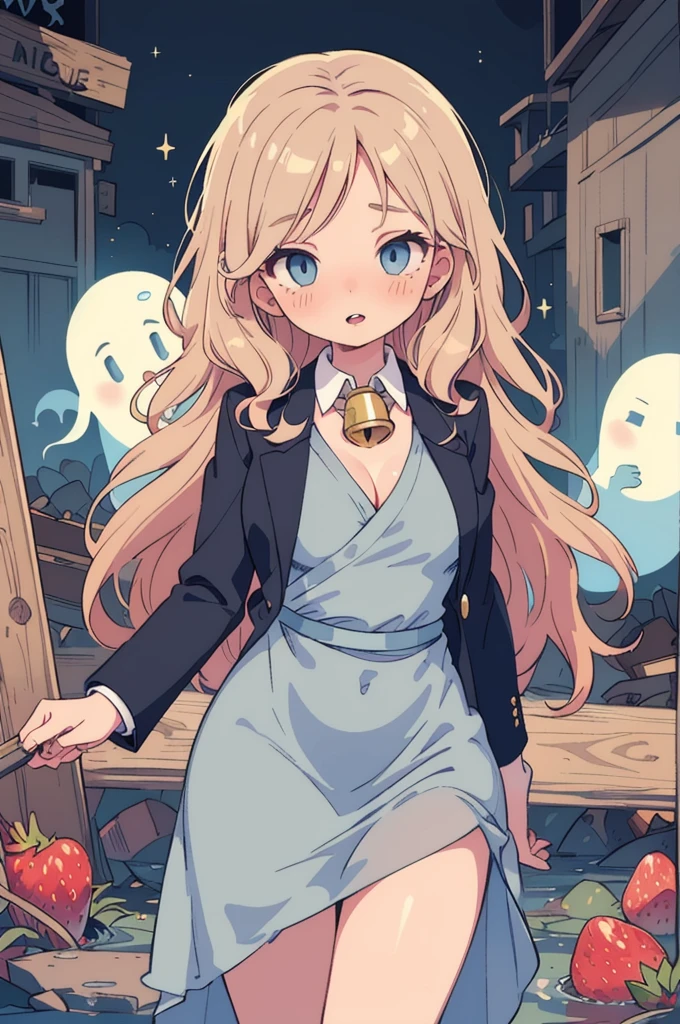 (masterpiece, best quality), Silk wrap dress with a fitted blazer, Belle, Average Height, Athletic, Diamond-Shaped Face, Olive Skin, Strawberry Blonde Hair, grey-blue Eyes, Straight Nose, Thick Lips, Round Chin, Shoulder-Length Hair, Fine Hair, Long Curly Hair, soft breasts, , shimmer metallic lipstick, an eerie, abandoned ghost town