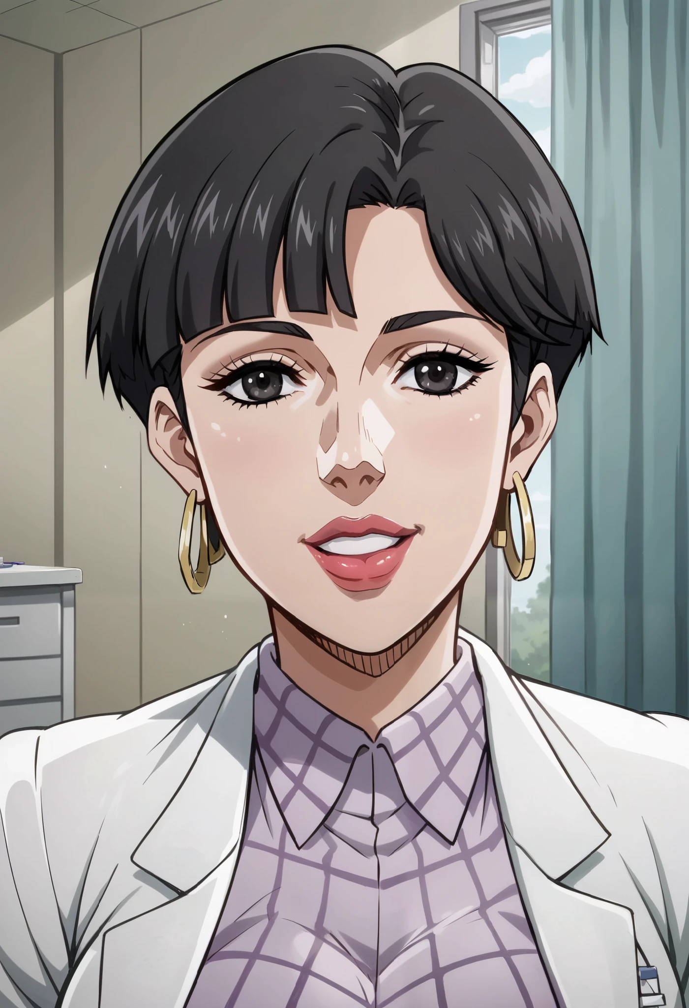 score_9, score_8_up, score_7_up, looking at viewer, BREAK , JoJoStardustCrusade_Nurse_ownwaifu, (1girl), black eyes, black hair, short hair, jewelry, (ultra huge breasts, ultra huge tits, ultra huge boob, ultra huge cleavages), lipstick, bangs, lips, hoop earrings, makeup, bob cut, mature female, purple sexy bra, open shirt, open clothes, black pantyhose, black skirt, lab coat, long sleeves, heels, indoors, health care room in high school, (steel cabinet with glass), medical supplies in cabinet, ceramic walls, ceramic floor, curtain walls, curtains partitions, pipe frame bed, work desk, (half-smile, closing mouth), (sitting on doctor’s chair), ((close up face, zoom up face, focus on face)), (Moody Lighting), directly side angle, directly side view,