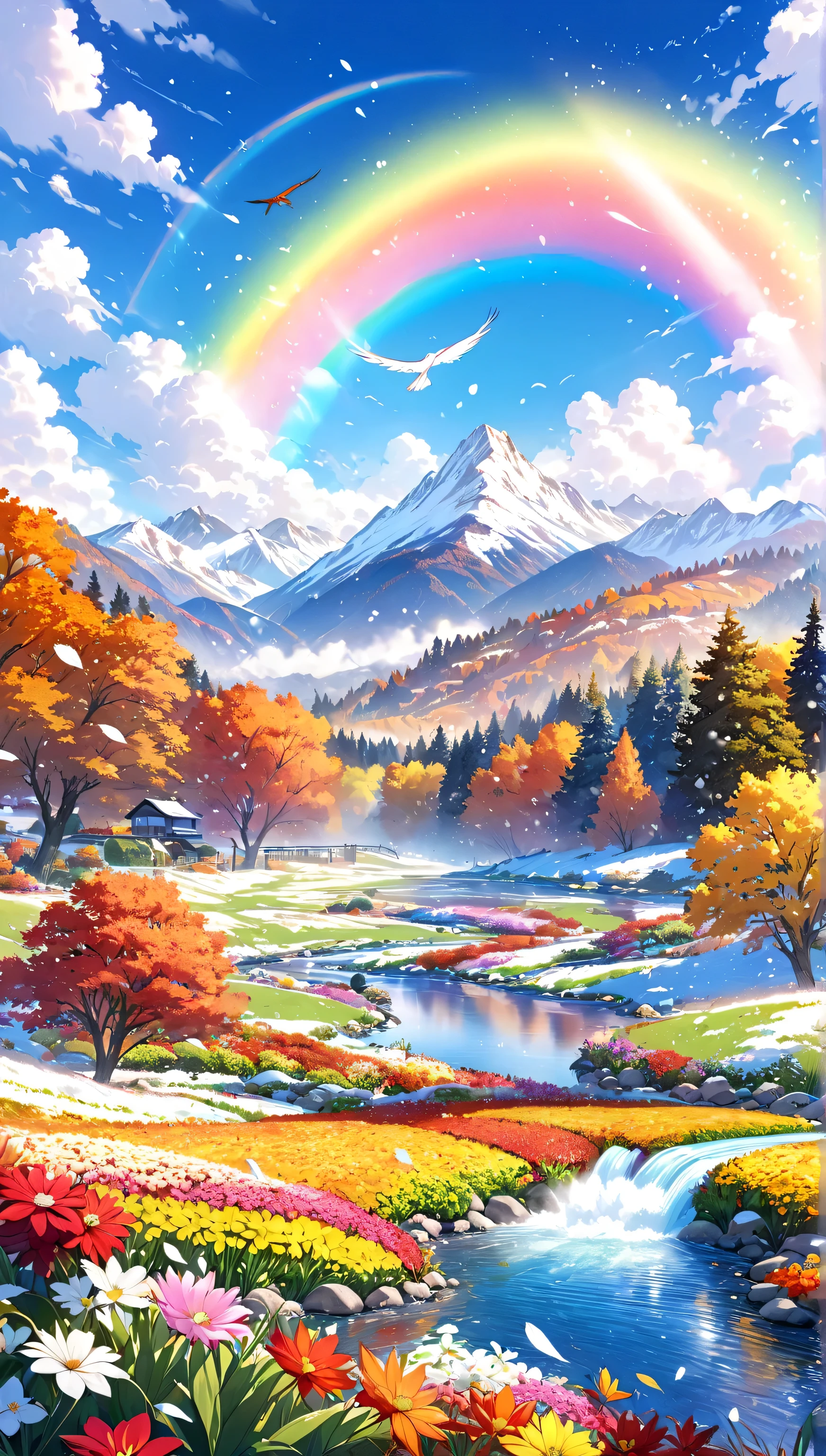 Score 9, score 8 up, score 7 up, (best quality), ((masterpiece)),Anime, Gardens, blue skies, majestic mountains, streams, autumn leaves, photorealism,I am in a flower field. In the background there is a blue sky with white clouds. Snow is falling in the sky, a rainbow-colored phoenix is flying, and light particles are floating in the air
