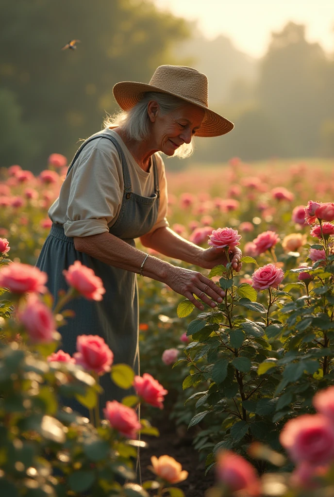 A beautiful array of colorful flowers and gardening tools in the backyard, with Grandma tending to her garden in her sun hat and apron.,original,Like your grandma