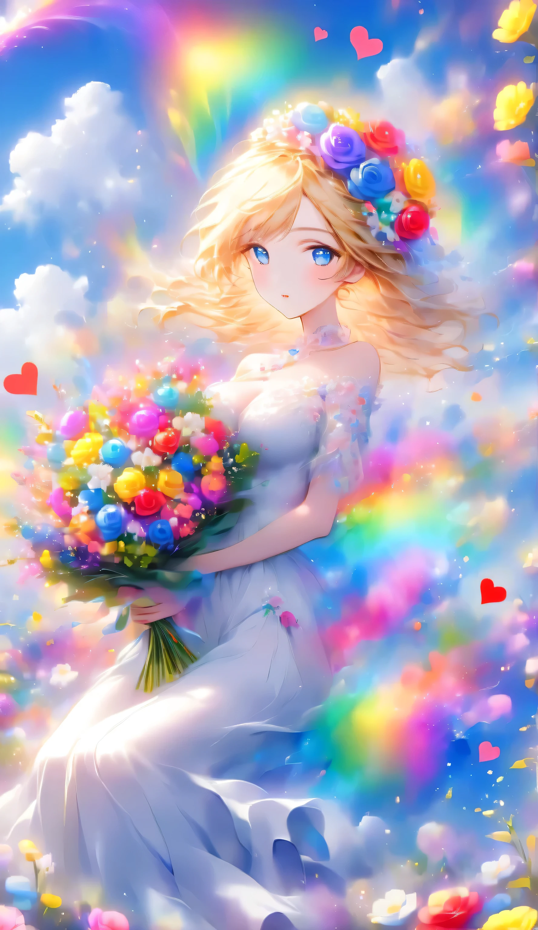 Score 9 Up,Score 8 Up,Score 7 Up,(Best Quality),((Masterpiece)),Anime, "A pretty girl, dressed in gorgeous clothing, is sitting in a vast flower field. She is holding a colorful bouquet, and in the background is a blue sky with floating white clouds." Blue Eyes I'm in a Flower Field. (Best Quality),(Perfect Makeup),(((Shiny Skin))) An anime-style figure is depicted with a long, detailed beautiful face and eyes,(Blue Eyes )(Looking at the viewer)(Large Breasts) Flowing Blonde Hair. The figure is wearing an off-the-shoulder dress with intricate lace and floral patterns. The overall scene has a dreamy atmosphere of a fantastical moment. In the background is a blue sky with floating white clouds. The sky has rainbow-colored snowflakes and light particles floating in the air、raw photo:1.2, masterpiece, highest quality, 16k, unbelievably absurd, very detailed, perfect beauty, beautiful  girl bride with holding roseis bouquet: 1.2,vibrant colors illustration, speech bubble (meow❤hearts)detailed beautiful face and eyes，(Big breasts)(blue eyes )(looking at viewer)