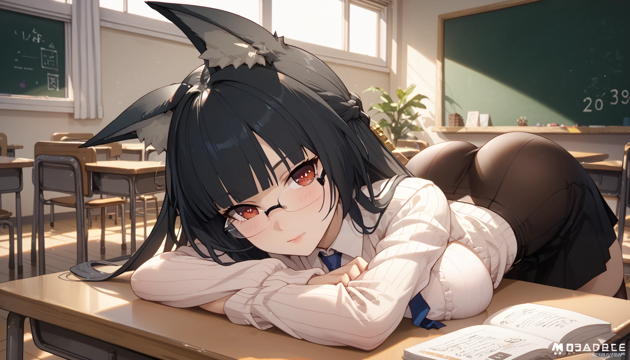  masterpiece， high resolution ，Anime Art，Anime Numbers， 4k anime wallpaper， radiant skin， unique ， close-up shot ，一个动漫女孩 masterpiece，Sporadic elegance in the perfect zone， blush，Lying on the table， butt raised ，Frameless glasses， long black hair， red eyes， Wolf Ears ，thigh，Big breasts，night，classroom