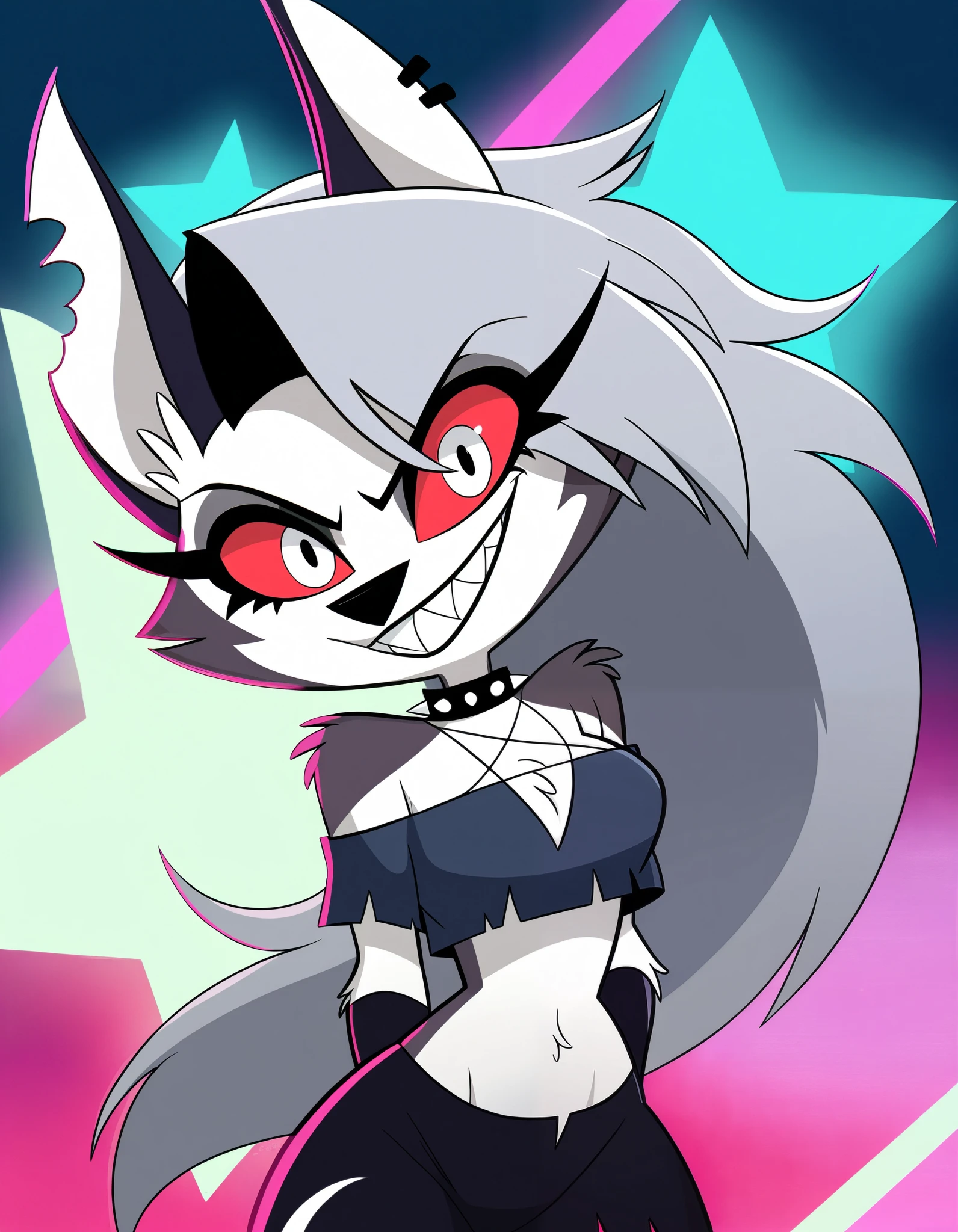 loona \(helluva boss\), helluva boss, 1girl, solo, traditional media, safe, epic, sharp teeth, grin, detailed, cowboy shot, neon background,
very awa, masterpiece, best quality, high quality, newest, recent, absurdres,