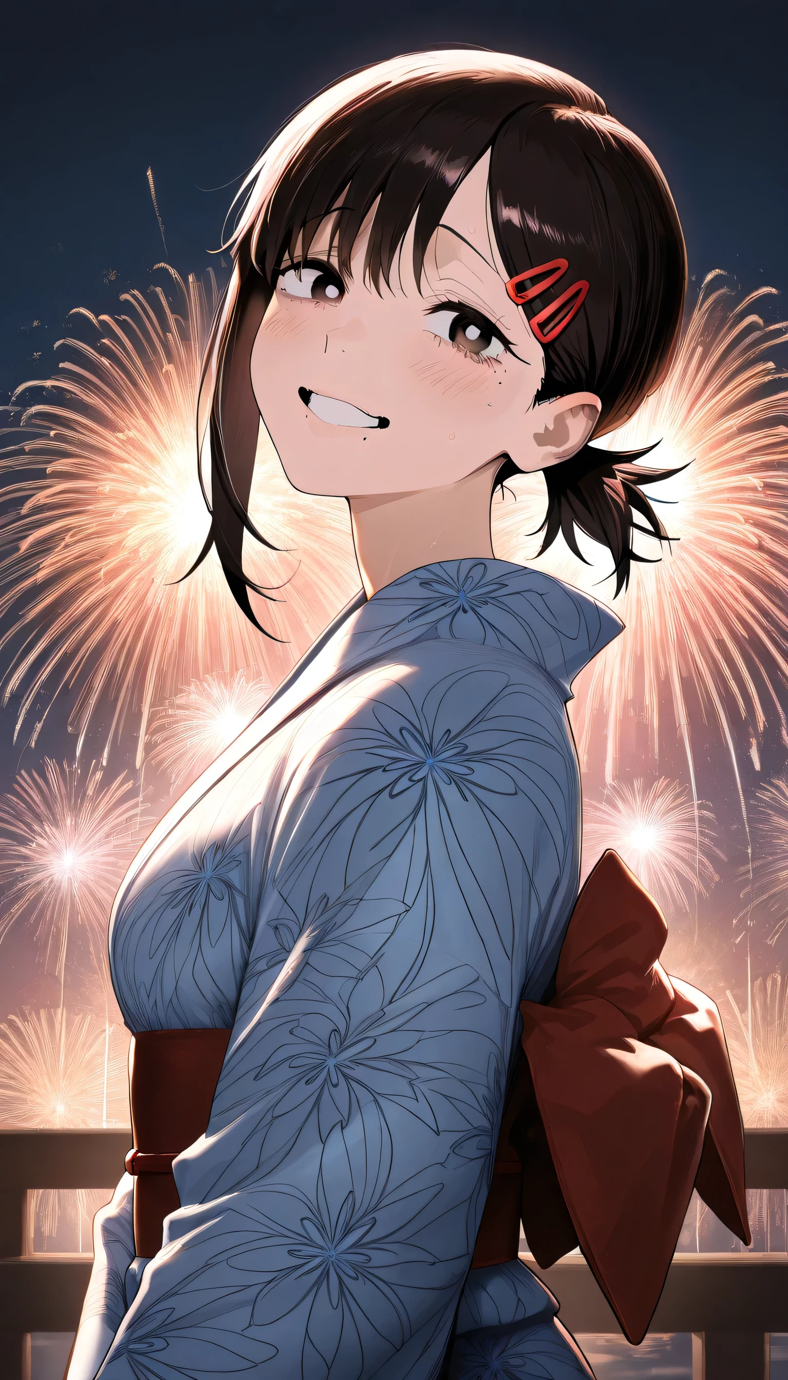 1girl, higashiyama kobeni, wearing kimono, patterned kimono, firework in background, (masterpiece), cinematic, beautiful light, best quality, newest,safe, absurdres, smiling , look at viewers, tilt head, turn head back
