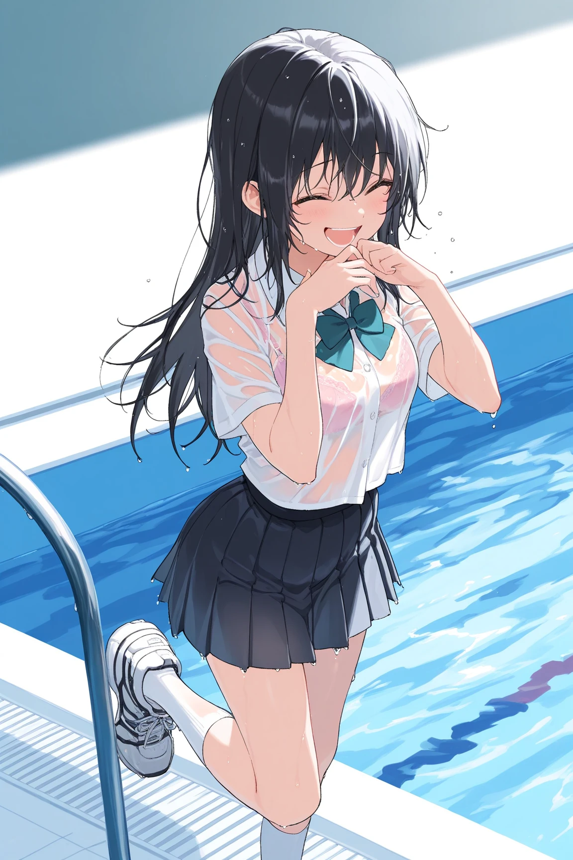 woman,20-year-old,pool,noon,(((miniskirt school uniform))),,open mouth smile(())(See-through),(big butt),((black hair)),blush、surprised face,((())),((turn around and look back))(wet with water)