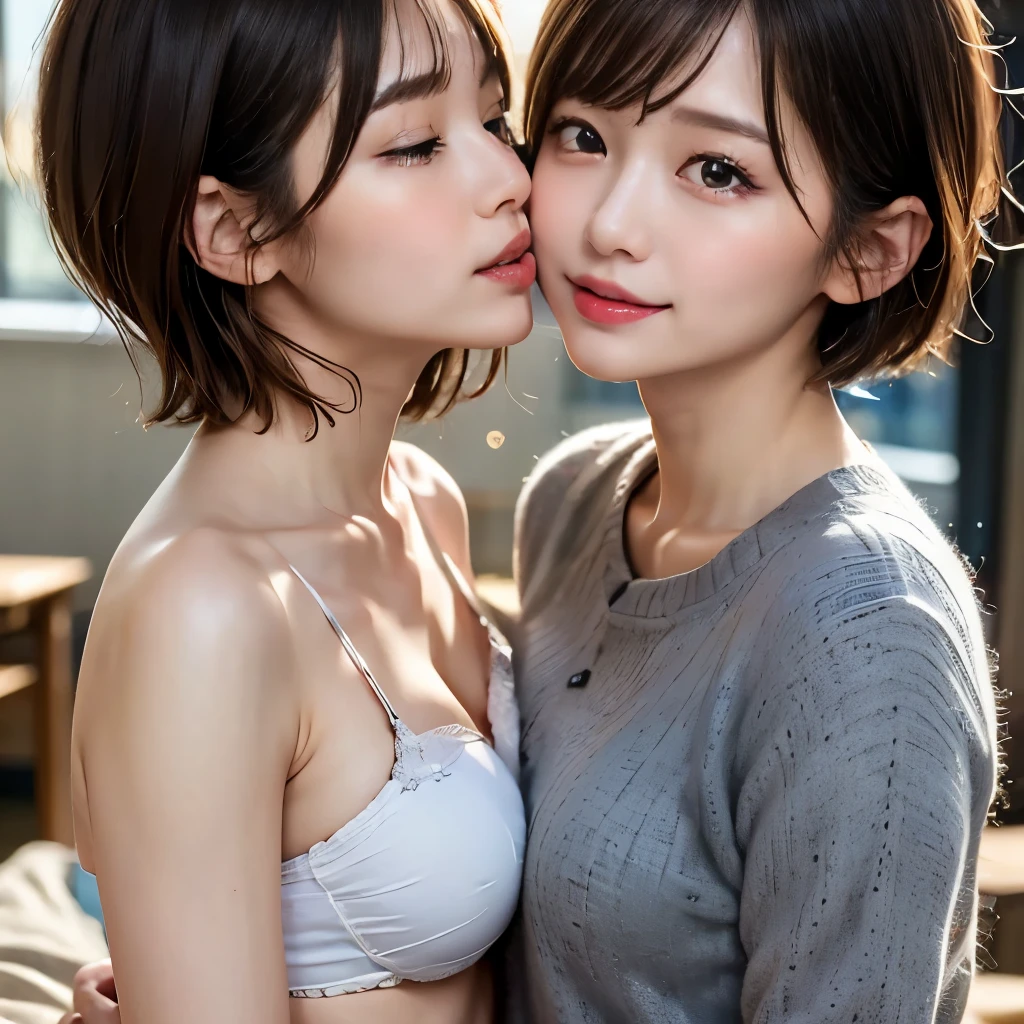 best quality 、8k、Ultra high resolution、Masterpiece:1.2、 professional lighting 、Clear photos、 upper body、( two pretty girls、 beautiful girl、 Cute Yuki Yoda 、 the cutest in the world )、 anatomically accurate body、 small breasts、Ultra slim、Delicate body:1.4、 thin waist 、( Very Short Hair:1.6)、 tea hair、( deep kiss with a guy in my classmate:1.2)、 white underwear:1.2、Bian:1.8、2 people are in bed 、Woman to Woman:1.2、 two people lick each other:1.2、 expression of joy 、 ecstasy
