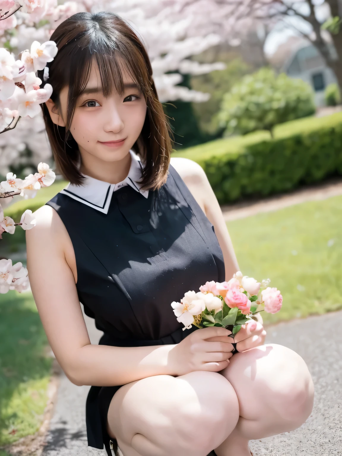 Depict a 20-year-old, very beautiful woman standing under a row of fully bloomed cherry blossom trees. She is dressed in a classic black-and-white sailor-style outfit with a short hem. Her cheeks are slightly flushed, and she is smiling gently, radiating a cheerful and charming aura. The background is filled with vibrant pink blossoms and soft natural light, creating a serene and picturesque scene.