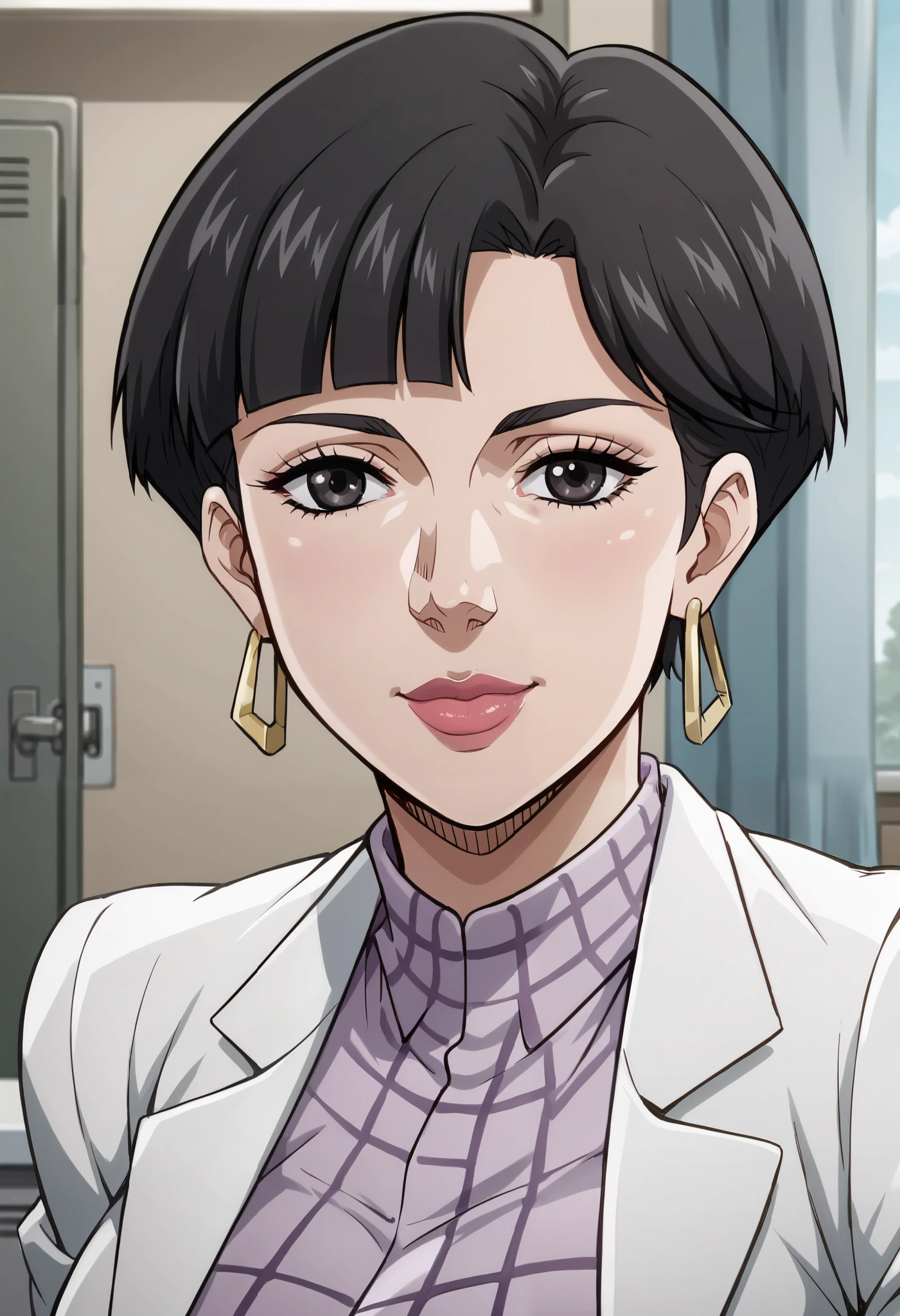 score_9, score_8_up, score_7_up, looking at viewer, BREAK , JoJoStardustCrusade_Nurse_ownwaifu, (1girl), black eyes, black hair, short hair, jewelry, ultra huge breasts, ultra huge tits, ultra huge boob, ultra huge cleavages, lipstick, bangs, lips, hoop earrings, makeup, bob cut, mature female, purple collar shirt, black pantyhose, black skirt, lab coat, long sleeves, heels, indoors, health care room in high school, (steel cabinet with glass), medical supplies in cabinet, ceramic walls, ceramic floor, curtain walls, curtains partitions, pipe frame bed, work desk, (half-smile, closing mouth), (sitting on doctor’s chair), close up face, zoom up face, focus on face, (Moody Lighting), directly side angle, directly side view, 