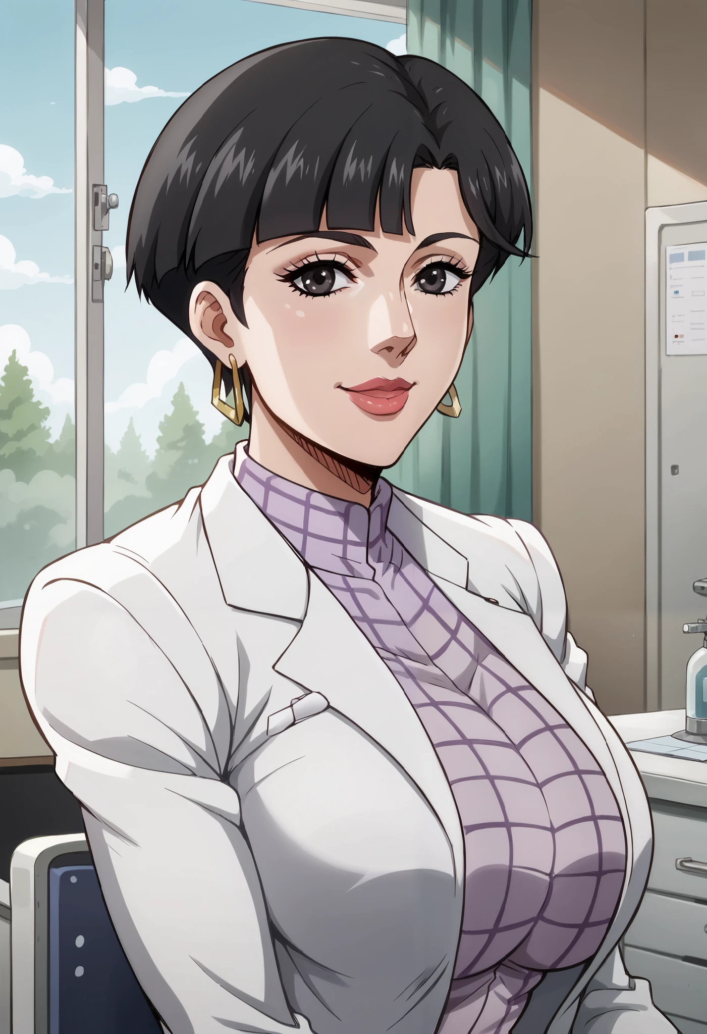 score_9, score_8_up, score_7_up, looking at viewer, BREAK , JoJoStardustCrusade_Nurse_ownwaifu, (1girl), black eyes, black hair, short hair, jewelry, ultra huge breasts, ultra huge tits, ultra huge boob, ultra huge cleavages, lipstick, bangs, lips, hoop earrings, makeup, bob cut, mature female, purple collar shirt, black pantyhose, black skirt, lab coat, long sleeves, heels, indoors, health care room in high school, (steel cabinet with glass), medical supplies in cabinet, ceramic walls, ceramic floor, curtain walls, curtains partitions, pipe frame bed, work desk, (half-smile, closing mouth), (sitting on doctor’s chair), close up face, zoom up face, focus on face, (Moody Lighting), directly side angle, directly side view, 