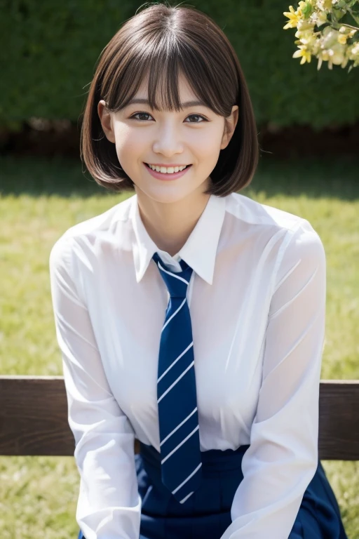 1Girl,((School uniform slush,light grin smile, Sitting,exteriors,Short hair