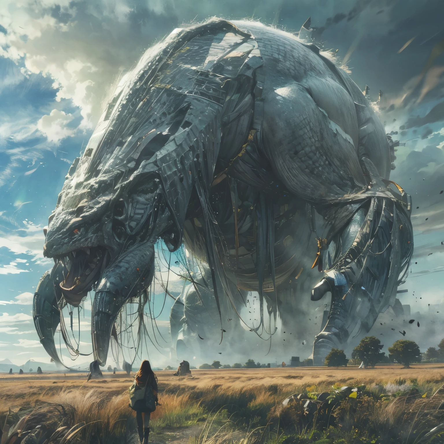 ( best quality , Masterpiece:1.2), A giant creature towering over the horizon, Large scale, Impending Doom, Unlucky, detailed description, perfect illustration