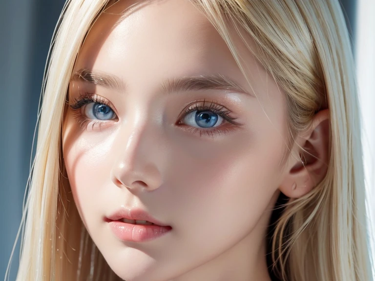 blond hair hanging over her very beautiful face 、beautiful white, emerald, white, blue eyes hidden in the hair, so vivid, so bright that I woke up、very bright iris 、white glossy skin 、 beautiful super long shiny silky blonde hair 、美しいbangs、first time々 very beautiful 18 year old very beautiful woman with a young face 、The ultimate beautiful girl born in Scandinavia 、 Cheek Gloss Highlight、Beautiful Skin、Small Face Beauty、round face、 eyeliner 、Hair above the eyes、片Hair above the eyes、hair between eyes、bangs、とても明るいwhite glossy skin