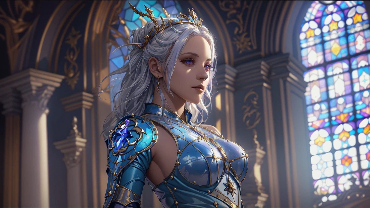 Close-up of a woman, a woman in a woman's silver and blue dress, detailed fantasy art, amazing character art, fanart's best art station, epic exquisite character art, beautiful armor, extremely detailed art buds, detailed numbers, armor girl, front, ceramic delicate skin --auto --s2