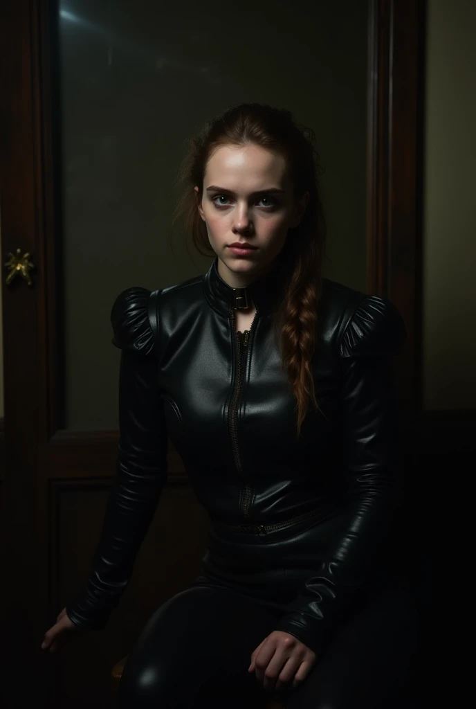 ((best quality)), ((masterpiece)), (detailed), perfect face Wednesday Addams all grown up, (Christina Ricci), standing with legs apart on the floor in the living room, hands behind head, perfect hands,little black shiny leather gloves, tiny black sleeveless dress with a small black belt to hold the waist in, black Dr Martin boots, 4 fingers and one thumb attached to each palm to make the hand, Natural normal human hands only, never ever draw more than this amount, hair in loose braids tied with black bows, slim figure-slight, 2 arms, 2 legs, better hands, in a spooky dark room,