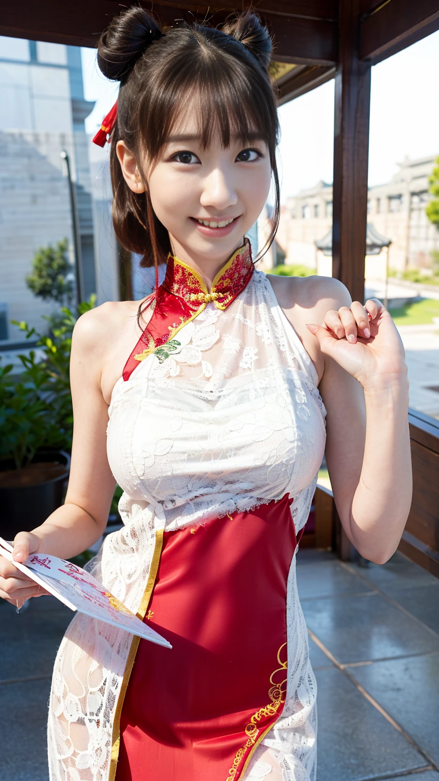 (Highest quality:1.5)、(masterpiece:1.5)、(8k:1.5)、((Primary school students:1.7))、(Big Breasts)、(Tight Chinese dress:1.5)、Braid、Angle from below、smile、(The background is the hotel:1.7)、Erect nipples、whole body、Hotel Bed