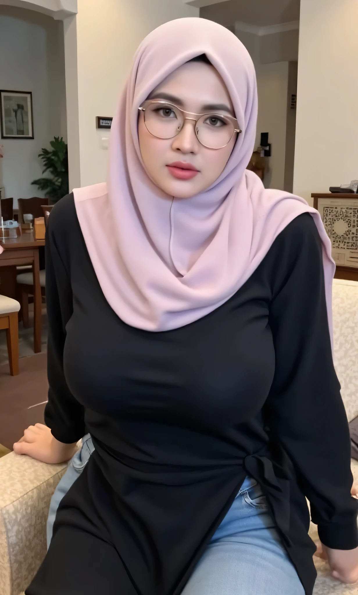 Japanese woman, Japan face, oval face, pretty face, clean face. Slim, Slender and tall body. Raw photo, frank, textured skin, (1 girl),(full body),(wearing grey long syar'i hijab:1.3),( full visible), pale skin, white skin, Japan person, glasses, small, medium breasts, small nipples, young, tall, dark look, horny look, bright black eyes, stick out one ear, anger, office lady, undressing nude breasts, nipples and vagina, open legs,(M spread legs ), slender body, medium build, small waist, wide thighs, photorealistic, best quality, 8K, masterpiece, full body photo shot, undressing nude body. Leaning in the sofa, hand holding a long cucumber with milk melting inthe cucumber and vagina, view from front viewer. 