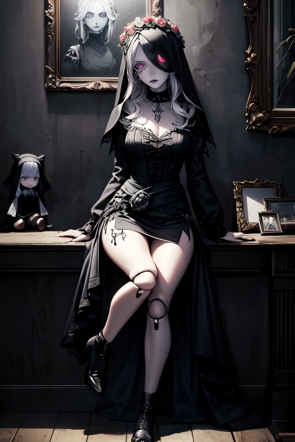 (( super detailed )), ((illustration)), ( beautiful detailed eyes ), beautiful , Amazing, detailed eyes , ((( masterpiece))), ( realistic:0.5), ankle boots , woman , One_focus, ,insanevoid, glowing eyes , extra eyes , horror \(topic\),doll hinges , ((lifeless eyes )), ((Goth Nun )), ((Gothic, EMO)), (( crazy eyes)), (insane:1.3), (( articulated doll )), (( pale white skin )), (( gothic makeup )), (( Straight posture )), (( gothic floral wreath)), (spikes), (Розария из Genshin Impact), (( straight black hair)), ((black veil)), ((doll eyes)), ( close ), ((waist))