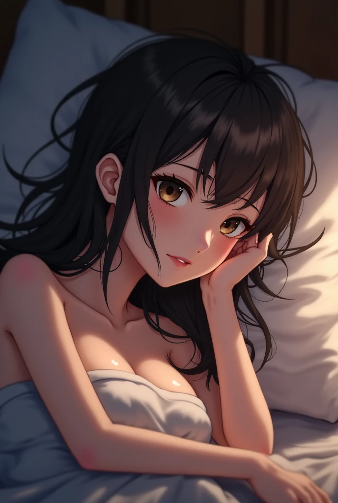 Amazing portrait of a woman who is 30 years old and an adult and a sexy woman with her eyes closed and her mouth open with a very deep blush and the tip of her nose is red having a long neck emphasised by her off shoulder pink sweater showcasing her medium chest with visible cleavage in her bedroom with warm lighting as she's lying on her bed with her head on the pillow facing up during night time with soft lighting showcasing her red lips and her beautiful face in detail and close up