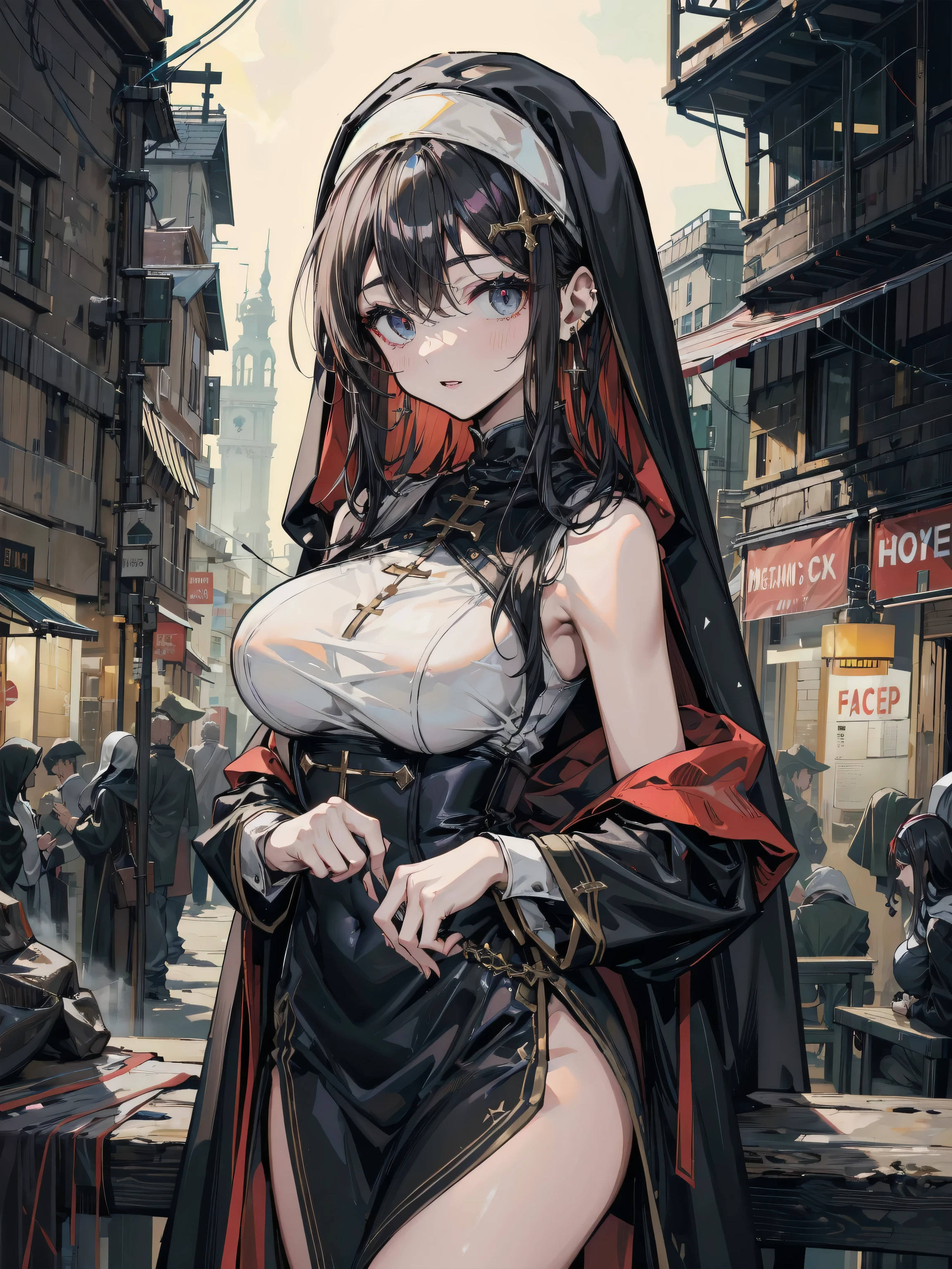 NSFW,masterpiece,Highest quality,High resolution,Super detailed,marnie_\(pokemon\),Aqua Eye, Black Choker, Red ribbon, Pink Dress, jewelry, Black jacket, Open clothes, Long sleeve,blush,bustling street