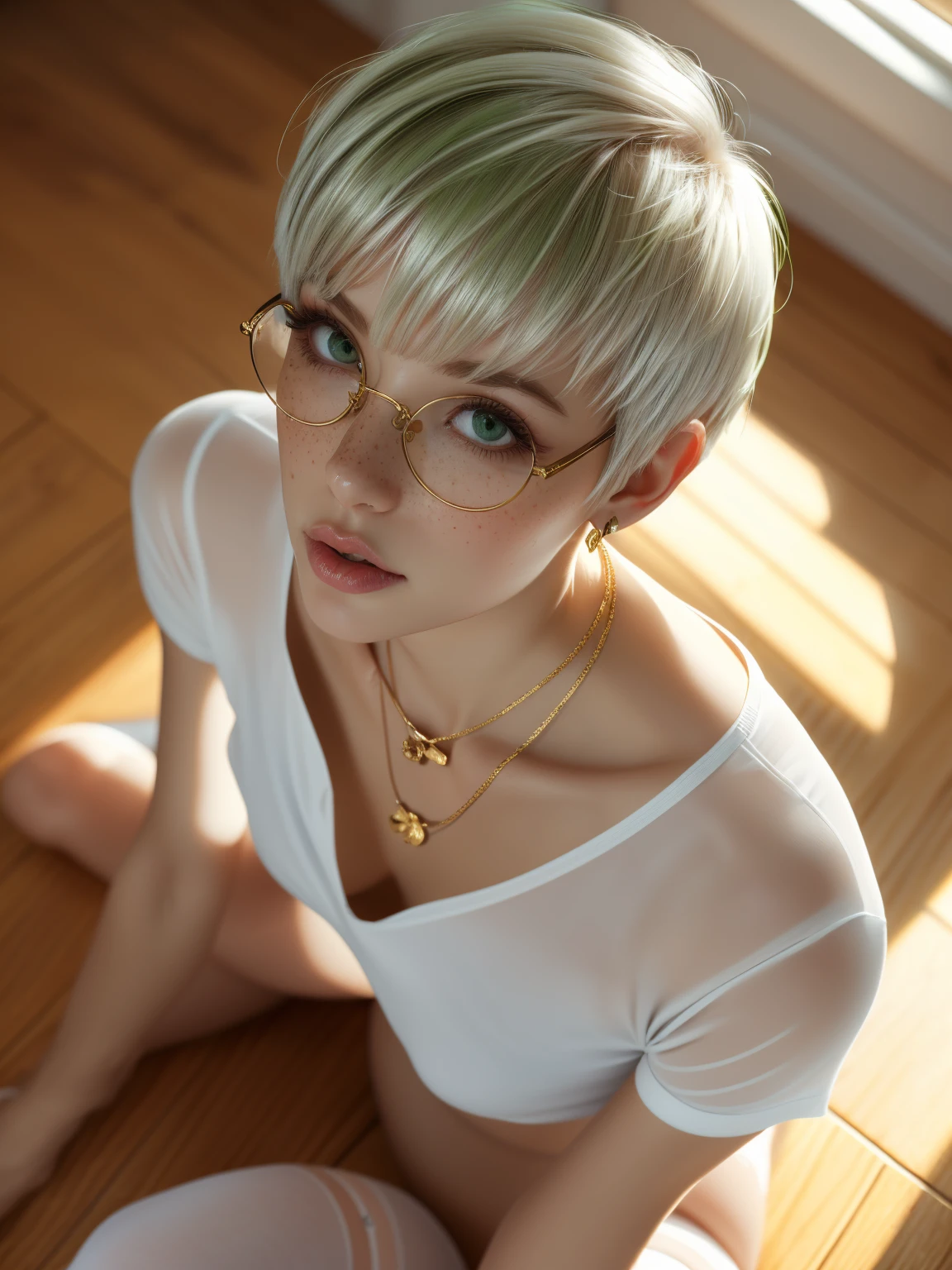 Sweet expression, lying down, white glasses, short white hair, (8k, RAW photo, photorealistic:1.25) ,( lip gloss, eyelashes, glossy face, shiny skin, best quality, super high resolution , depth of field, chromatic aberration, caustics, wide light, natural shadows, Kpop idol) looking at viewer with serenity and goddess-like bliss, full body, big breasts, white underwear, black stockings, see-through shirt, white shirt, secretary