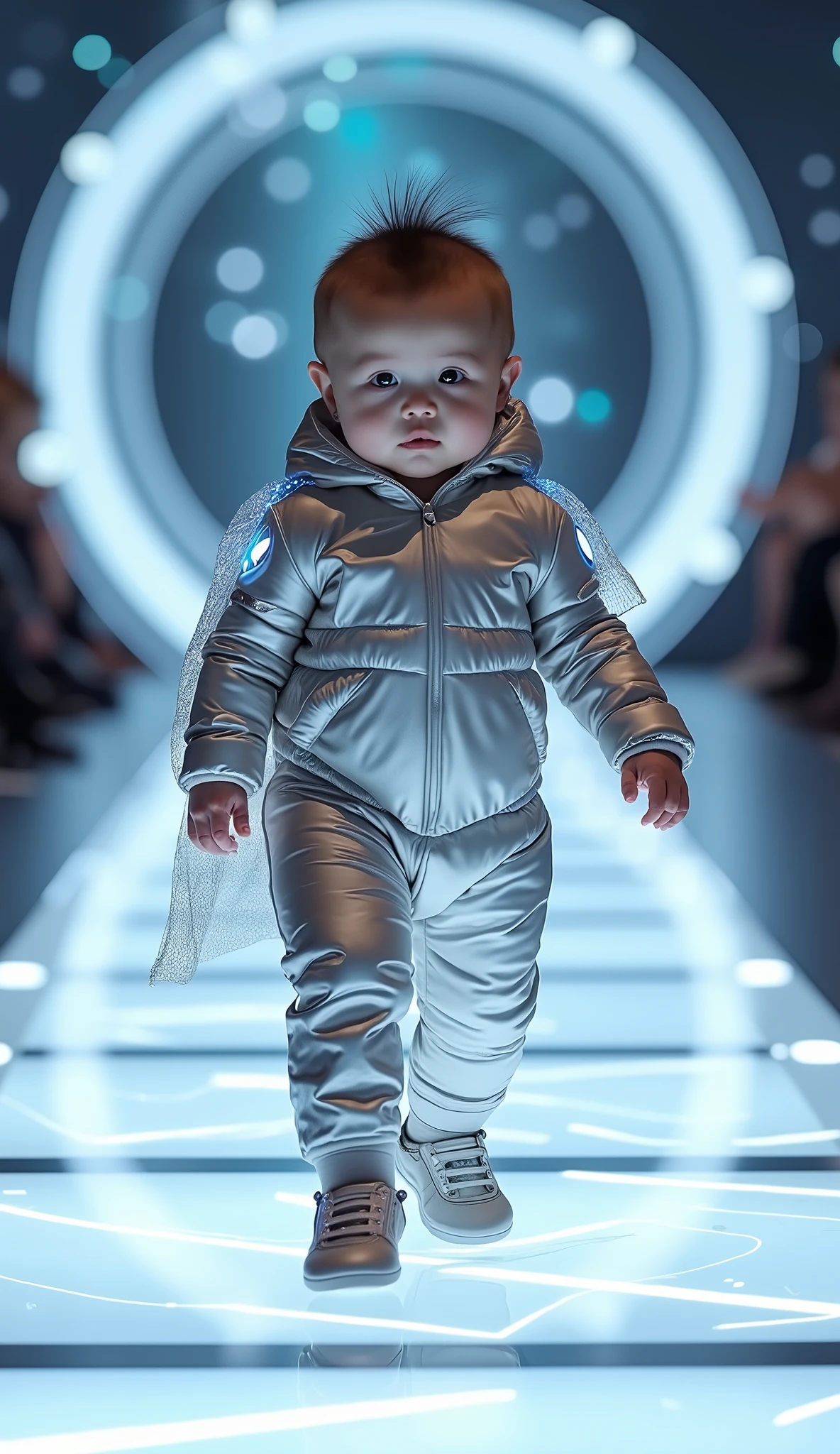 Full-length shot of an adorable with short, chubby limbs, confidently walking down a sleek, futuristic runway. The baby is dressed in a cug-edge, high-tech outfit, featuring metallic fabrics, holographic accents, and streamlined geometric patterns. The design incorporates soft, flexible materials with a glossy sheen, blending comfort with avant-garde style. Details like LED-lit trims on the sleeves and shoes or a mini cape made of translucent, iridescent material add a playful yet futuristic touch. The runway itself glows with integrated LED panels in dynamic patterns, and the background showcases a high-tech aesthetic with floating holograms and sleek, minimalist architecture. The baby’s innocent charm contr beautifully with the ultra-modern setting, creating a visually striking and heartwarming moment that embodies the essence of near-future fashion.