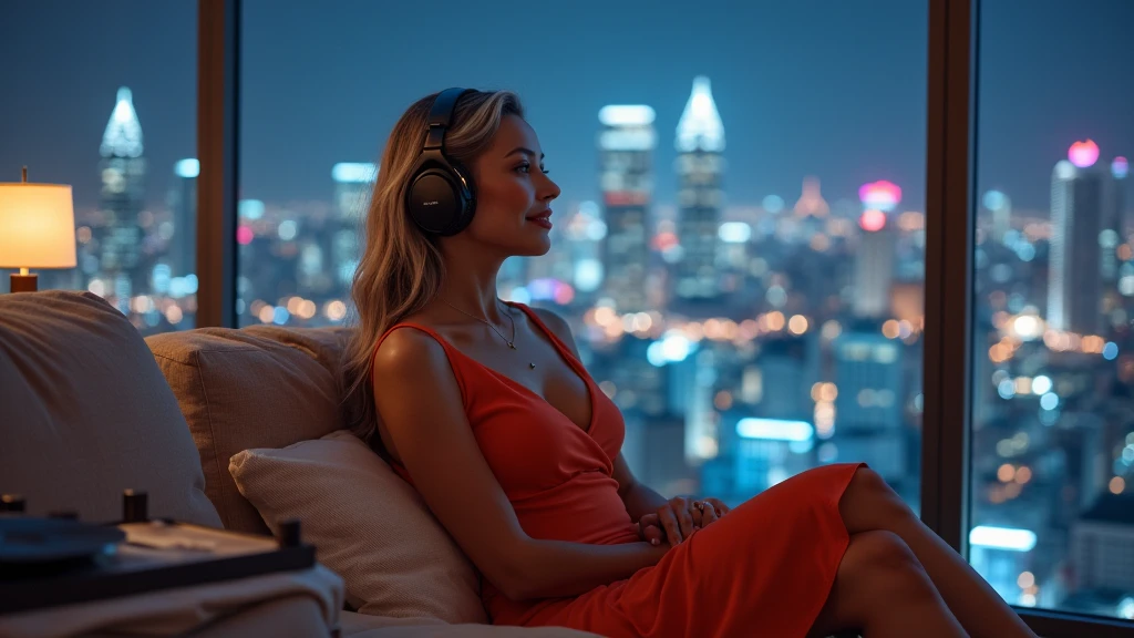 (Masterpiece), (best quality), 1 woman, sitting on the sofa, Listen to music, Close your eyes, smile, earphones, in front of the window, city, nighttime, warm and comfortable, relax