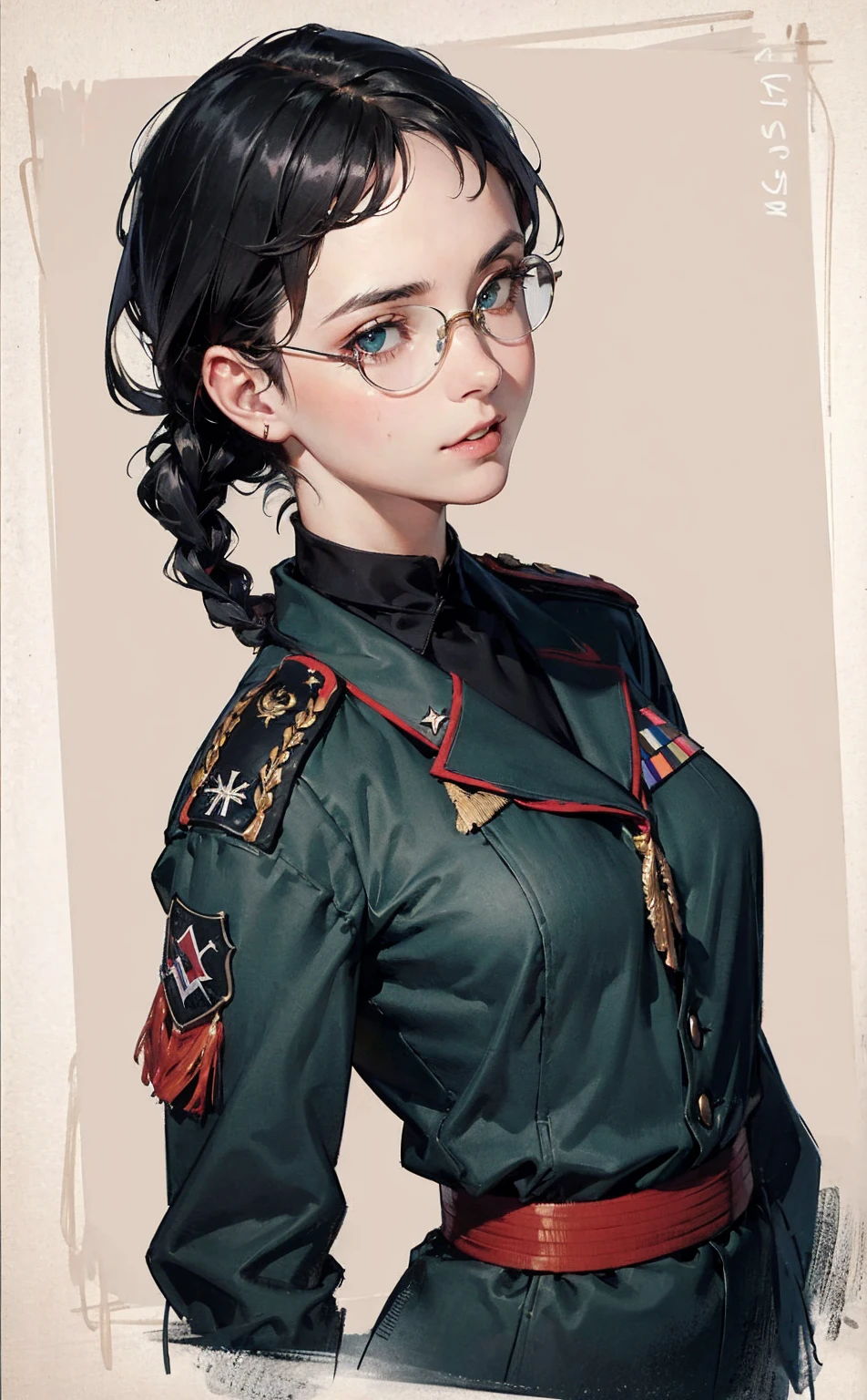 Modest outfit, remote shot, detailed beautiful delicate face, detailed beautiful delicate eyes, perfect facial proportions, high-definition skin, fine skin, four-inch best ratio. With one thumb, a masterpiece, highly detailed, realistic, (World War II German general uniform reference : 1.8), the highest face resolution, adult, modestly dressed woman, dressed entirely, ( small, black hair, black straight bangs, super fine braids, straight bangs, red glasses, dark green eyes), future, science fiction, fighter plane, standing On the landing of a fighter plane, the government agency, a deep intelligent personality, a calm expression, a respectful face, a war, a fighter plane