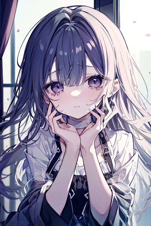 masterpiece, best quality, high quality, 1 girl, looking at viewer, close up, face focus, perfect anatomy, white skin, ((black hair, twin-tails, blunt bangs, straight bangs, hime cut)), black eyes, empty eyes, Detailed eye drawing, baby face, ((sad, tearful, crying)), pink sailor uniform, half sleeves, pink sailor collar, wrist cut, ((bandages on the arms)), ((lots of piercings)), black choker, black collar, ((black nails)), {{{{menhera}}}}, horror, highly detailed fine art, (finely detailed beautiful eyes and detailed face), delicate depiction of facial features, horror-esque, dramatic composition, cinematic lighting, The darkness embraces the room