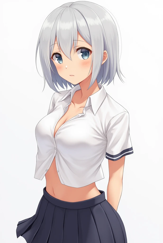 Blind white haired school girl, high, School uniform (bag, button-up shirt, Skirt) with her shirt completely unbuttoned with her big breasted bra exposed