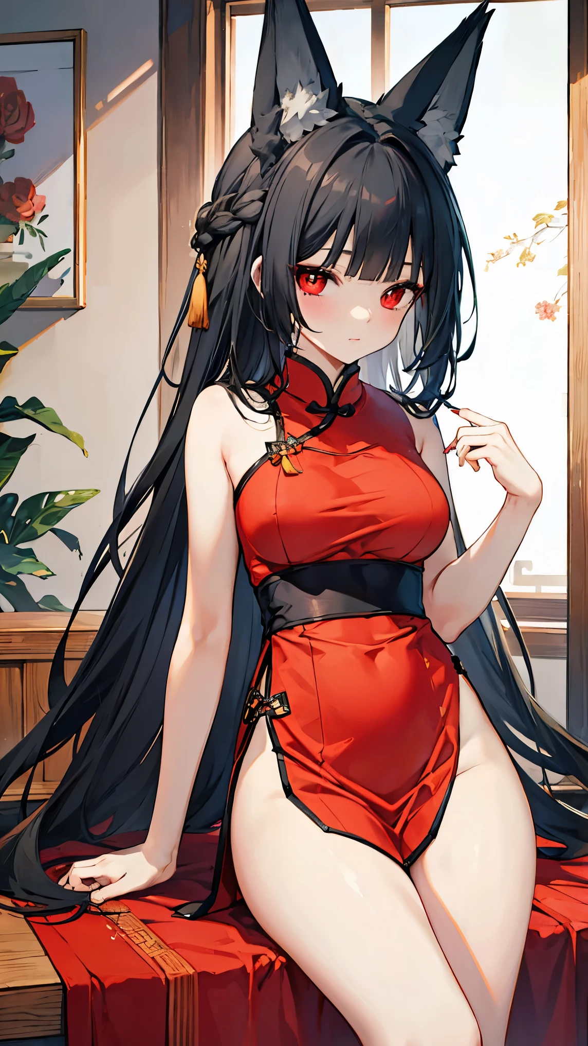 best quality 、、(Whitening skin)、 black hair, long hair, red eyes, fox ear,Petite、 slender, big breasts, slender, red cheeks ,Qipao, thighs,china hotel
