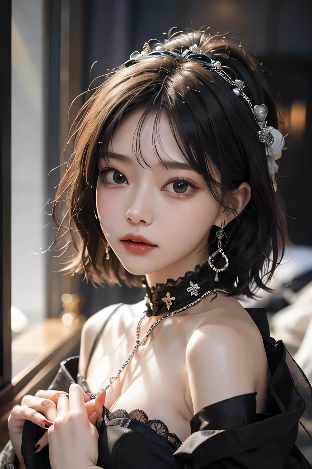 ( best quality :1.3)、( The Greatest Masterpiece:1.3)、 Highest Image Quality、RAW、( perfect body beauty :1.2)、(Night Scene:1.3)、( black dress :1.3)、( luxurious room:1.2)、( chain on hand:1.2)、 Highly Detailed Face and Skin Textures 、 detailed eyes、double eyelids、 short hair、 boyish、 unisex、 big eyes、 necklace、(( one woman))、 bracelet、 earrings、 choker、ring、chain accessories、chain、Thick chain collar、(restrain with chains)、((fall to the dark side))、((Evil Princess ))、(( cleavage in years))、 off shoulder、(palace)、(( fantasy castle))、((Devil's Bride))、((Demon Princess))、(Blushing:1.4)、( arousal:1.3)、( looking at camera )、(chain choker)、(Little devil horns)、((devilize))、(assimilation by the devil)、sexy、((Sex Appeal))、Eros、Sensual、Alluring、 looking at camera