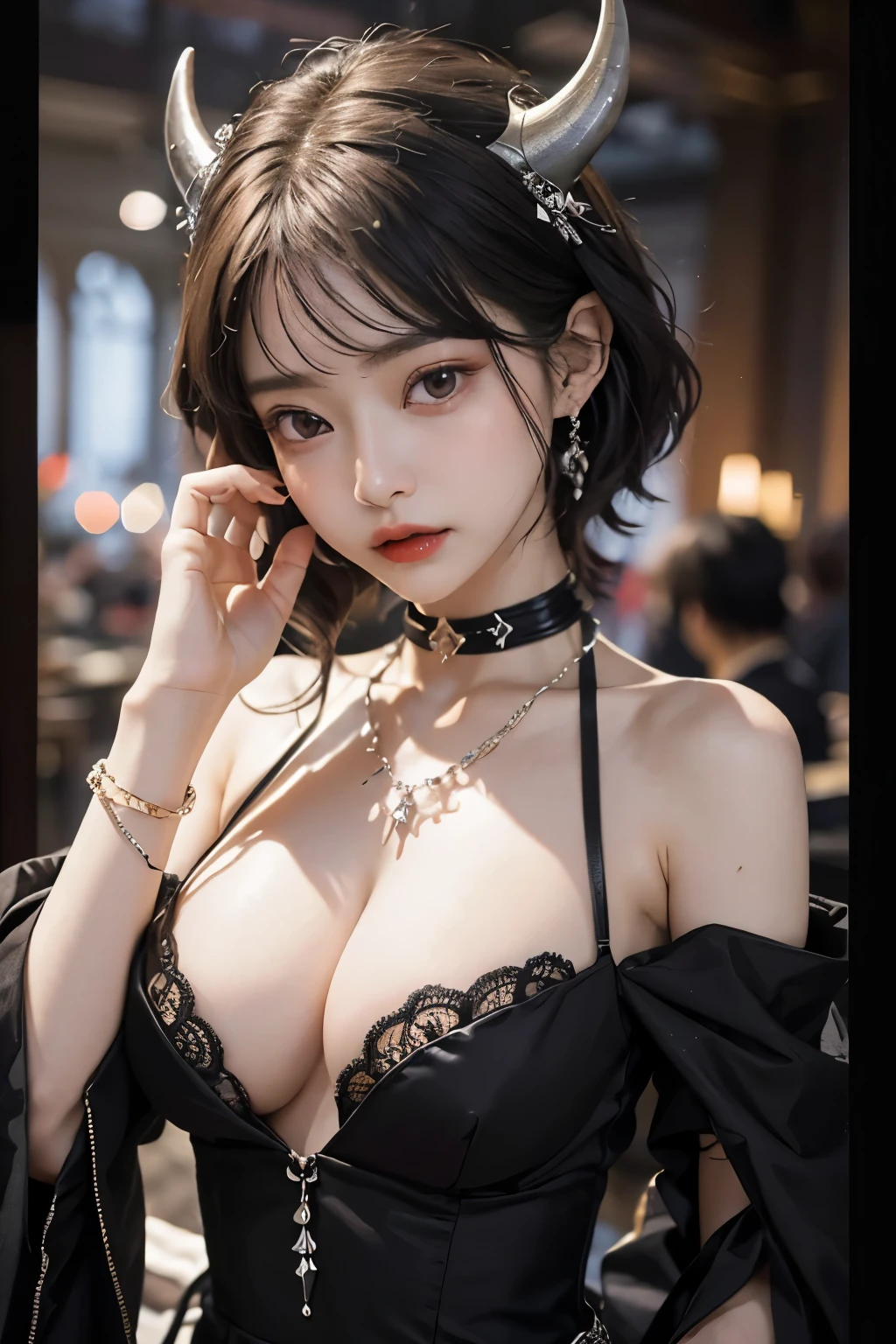 (Highest quality:1.3)、(masterpiece:1.3)、sharp、(Perfect body beauty:1.2)、(Night Scene:1.3)、(Black Dress:1.3)、(Luxurious Room:1.2)、(chain:1.2)、Highly detailed face and skin texture、Detailed eyes、double eyelid、short hair、boyish、unisex、Big eyes、necklace、((One Woman))、bracelet、Earrings、choker、ring、chain accessories、chain、Thick chain collar、(restrain with chains)、((fall to the dark side))、((evil princess))、((Cleavage))、((Side boob))、Off the shoulder、(palace)、((Fantasy Castle))、((The Devil's Bride))、((devil princess))、((Blushing))、(looking at the camera)、(chain choker)、(Little devil horns)、((devilize))、(sexual excitement)