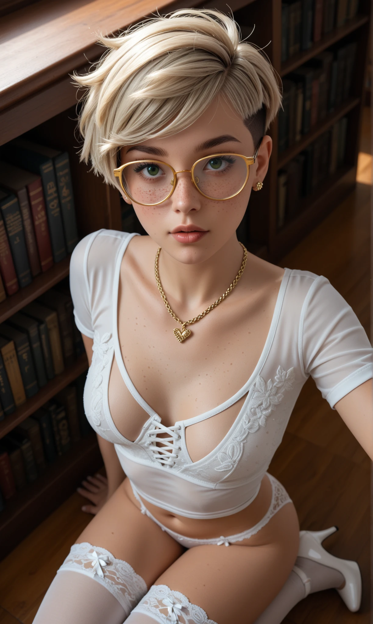 1girl, elegant bearing, small, slender build, short height, narrow shoulders, pale skin dotted by freckles, short platinum blonde hair, (((pixie cut hairstyle))), (((boyish hair))), (dark green eyes), silver glasses, cute facial features with an underlying elegance, thin lips, small breasts, 15 years old female, RAW photo, ((slim body: 1)), (HQ skin: 1.4), 8k uhd, dslr, soft light, high quality, ((school uniform, white clothes, gold accents, (looking at viewer:1.4), library