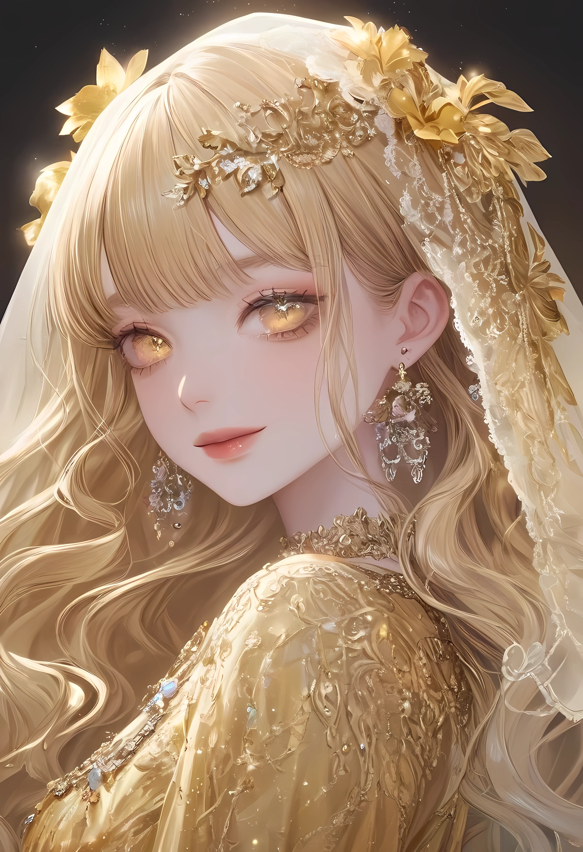 rainbow, One Girl, alone,So cute, Long Hair, Show Viewer,  Eyes,  Background, White Background, jewelry, Mouth closed,  Upper Body, Golden Hair, Earrings, Gold Eyes, necklace, From the side,  lips, eyelash, Compensate, Wavy Hair, Earrings, lipstick, 耳のEarrings, eye shadow, diamond Earrings, ピンクのlips, eyes, Golden Theme, , ピンクのeye shadow, pretty  necklace , silver, shining gold eyes, gold, shining, ethereal, goodness, shining,veil, golden dress, many gold flower details , golden flower hair accessories , gold under eyes, make up, golden make up, Golden eyes,  emotion, smiling , not tired eyes, happy