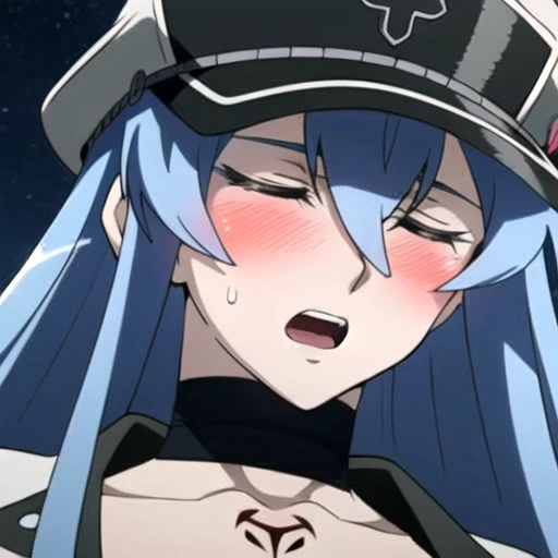 Esdeath, aroused facial expression, open mouth, blush, sweat, closed eyes, breasts, large breasts, hat, cleavage, choker, hair between eyes, uniform, military, military uniform, tattoo, peaked cap, chest_tattoo, close-up