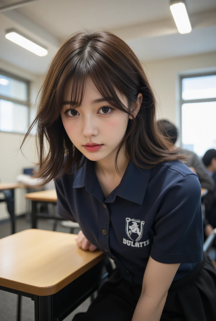 1个Giant Breast Girl，In the classroom，classroom desk，lectern