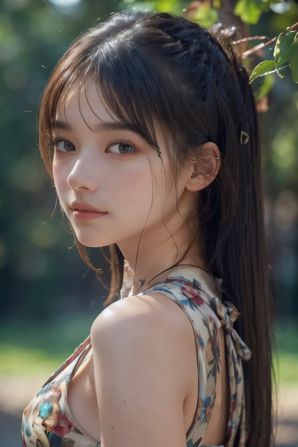 one girl、14Age Girl:1.2、realistic face、perfect anatomy、cute face、cute expression、ponytail、Braided hairstyle、small breasts、気持ちいon the lawn、Barefoot、white camisole dress、summer sunshine、Blue sky、sunny、very detailed、very detailed、intricate details、insane precision、highest quality、ultra high resolution、RAW photo、master piece:1.5、outdoor、on the lawn、Blue sky
