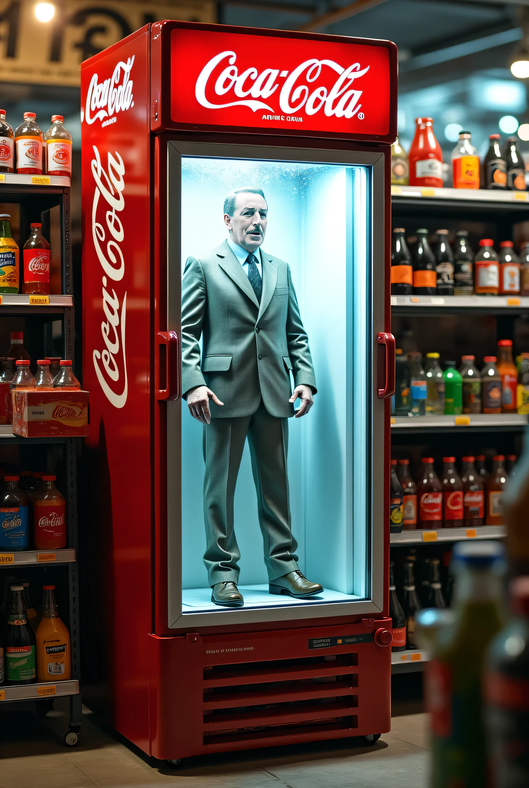 frozen mannequin holding coca cola in a display window with a clock behind