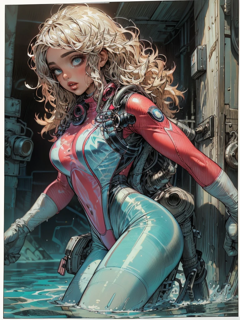 (((Dark red Suit with white stars))), (((cabelo bob branco))), (((devilish smile))), (((melhor qualidade: 1.4))), (((blonde hair))), (((DuneWalker))), (((post-apocalypse))), (Unbeatable masterpiece), (hiper HD),(CG 8k hiper-realista), 1Garota armada em um mundo futurista usando roupas vermelhas com estrelas brancas. Corte de cabelo ultra moderno, perfect body with robotic parts, seios grandes, bunda perfeita, muscles without exaggeration, rosto lindo com olhos azuis penetrantes, add textures to clothes and create something different from the usual, add accessories like garter belt, espartilho e luvas com listras, pele bronzeada e com brilho de molhado, industrial environment with giant heavy machines, Intricate machinery and giant robot parts