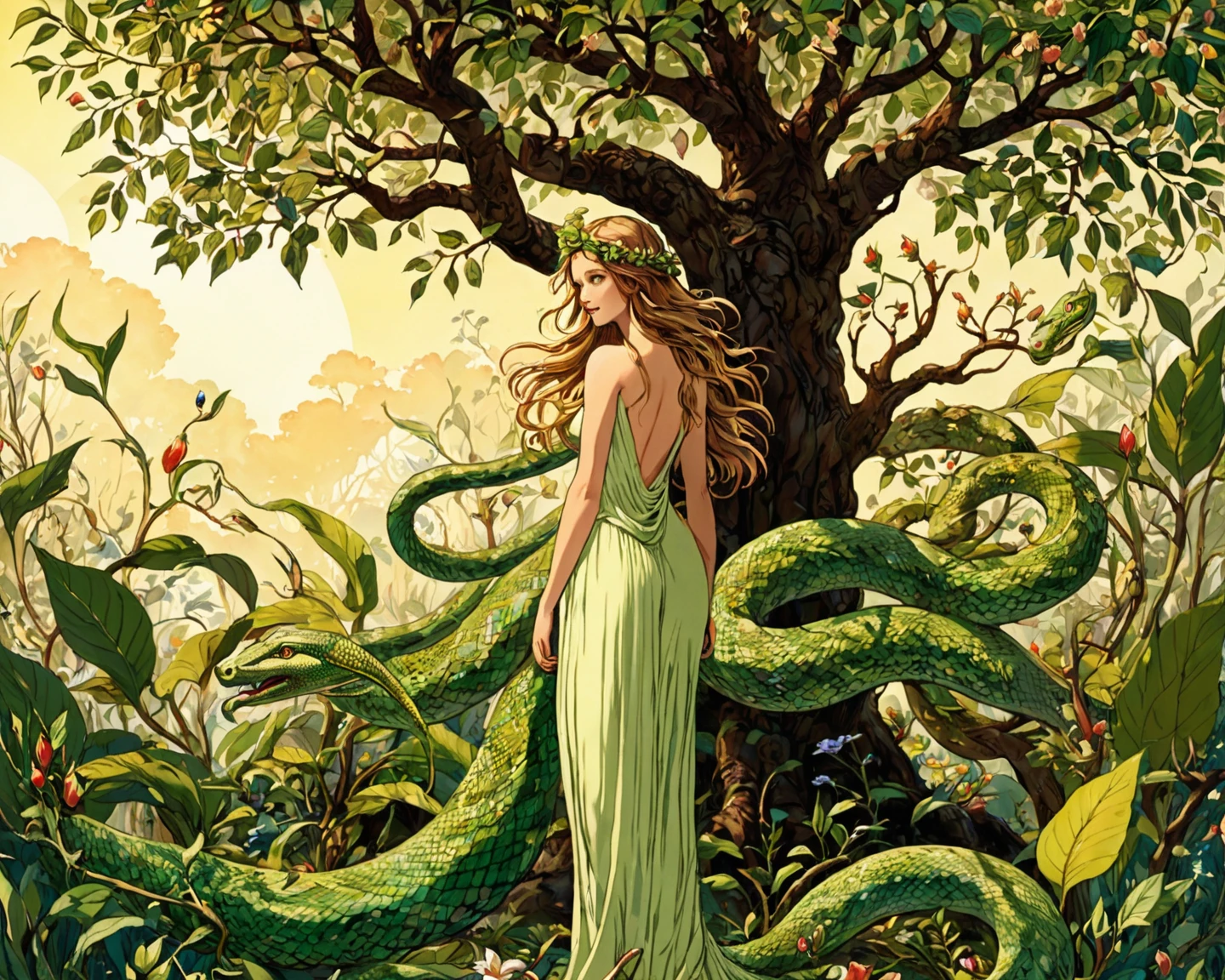Refrence: " My book of bible stories "
Illustration details
Eve and the serpent, the serpent is on the tree facing Eve, she stands in front of it.
Garden of Eden.
(masterpiece best quality:1.2) delicate illustration ultra-detailed,