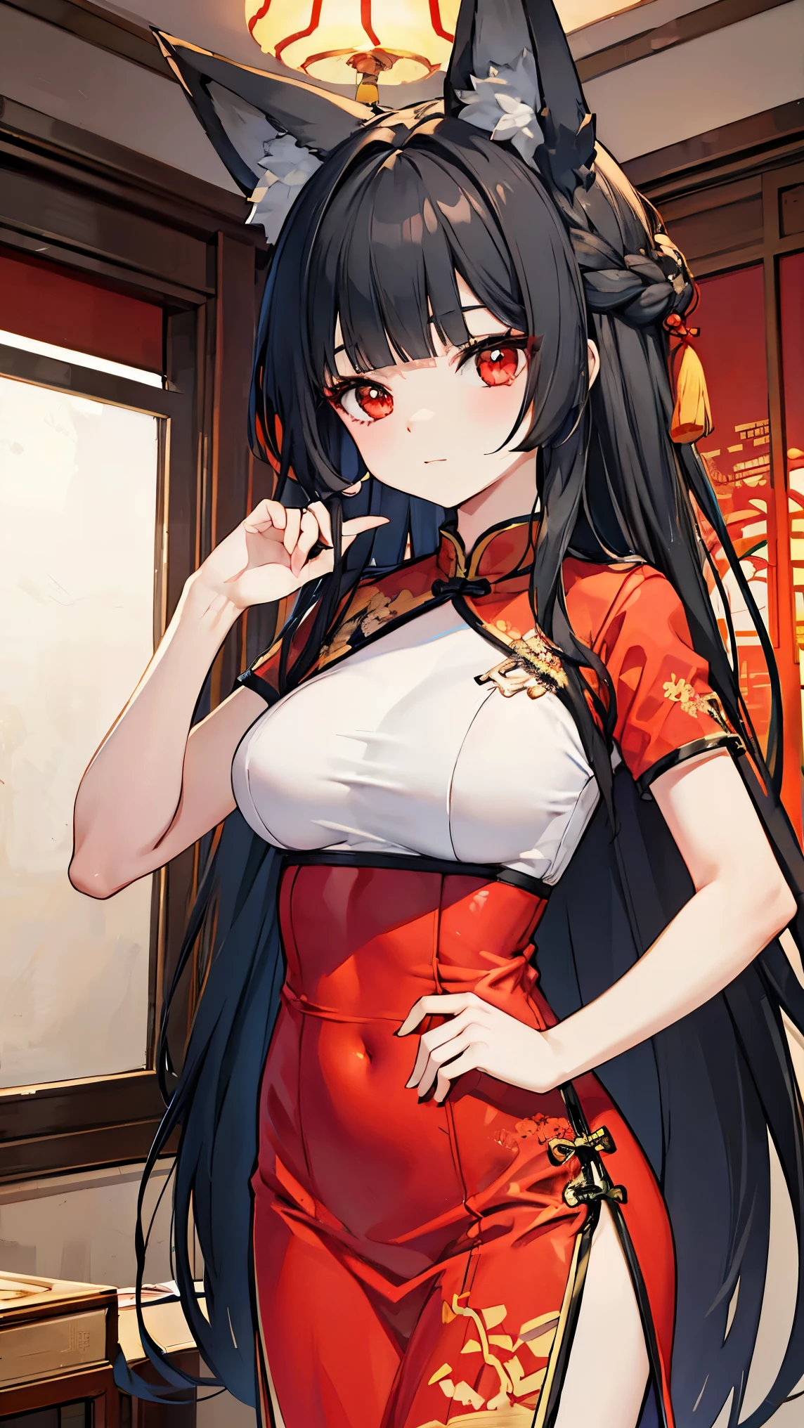 best quality 、、(Whitening skin)、 black hair, long hair, red eyes, fox ear,Petite、 slender, big breasts, slender, red cheeks , China dress ,,china hotel