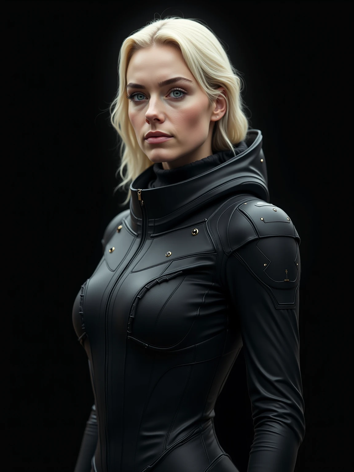 woman ,Golden white hair,blue eyes,,,Black space suit